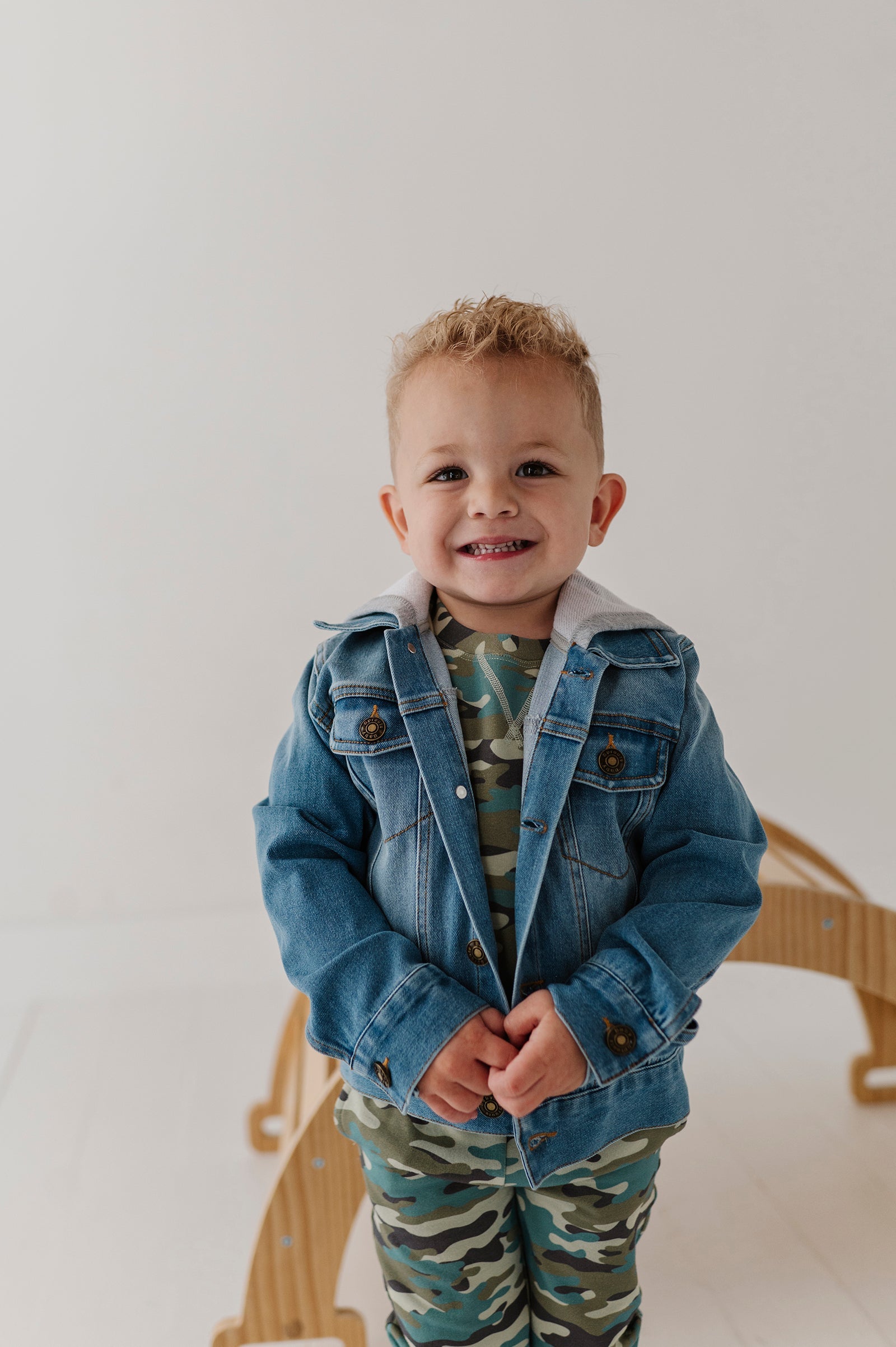 Boys Hooded Denim Jacket In Mid Blue Wash