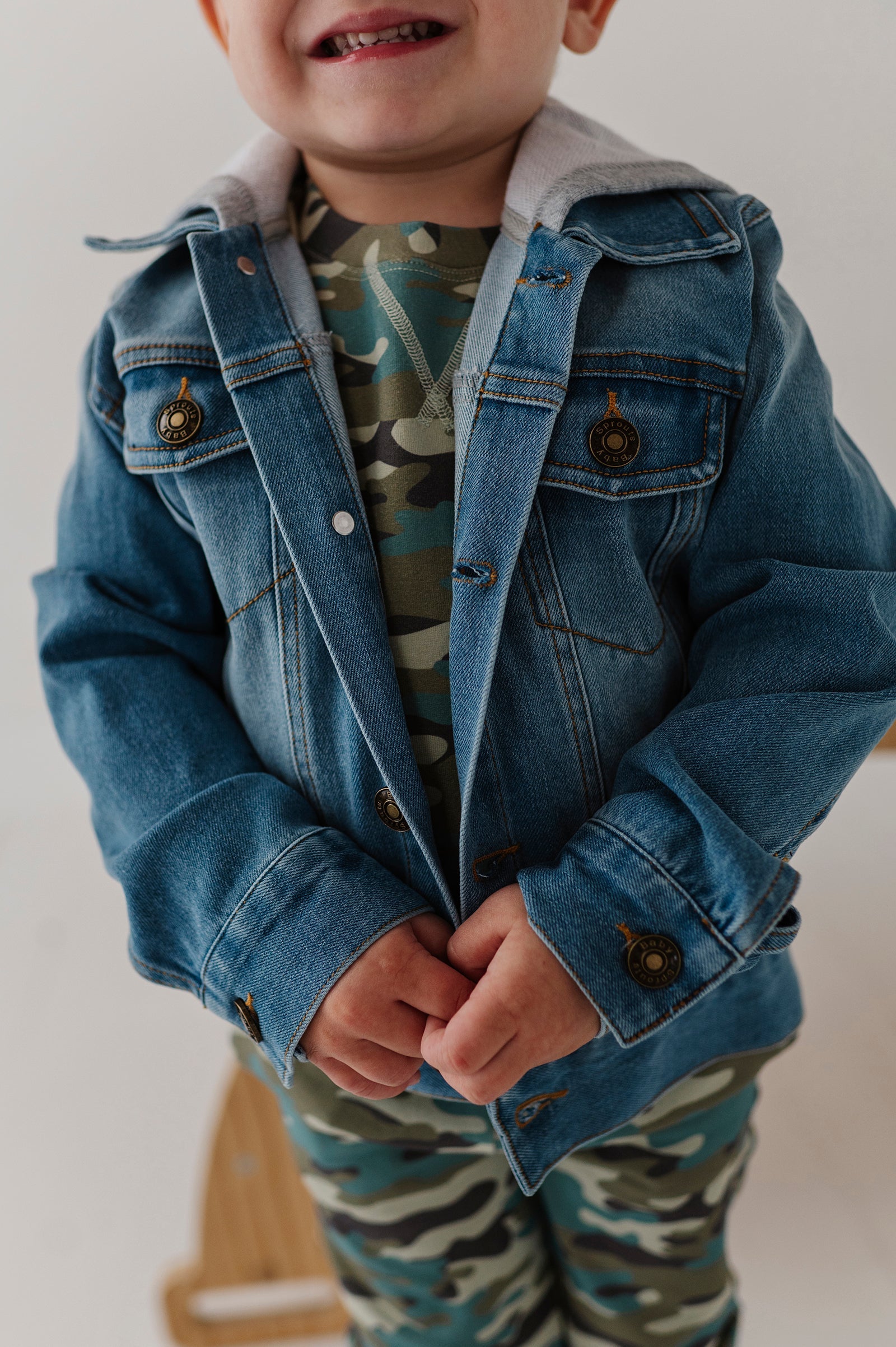 Boys Hooded Denim Jacket In Mid Blue Wash