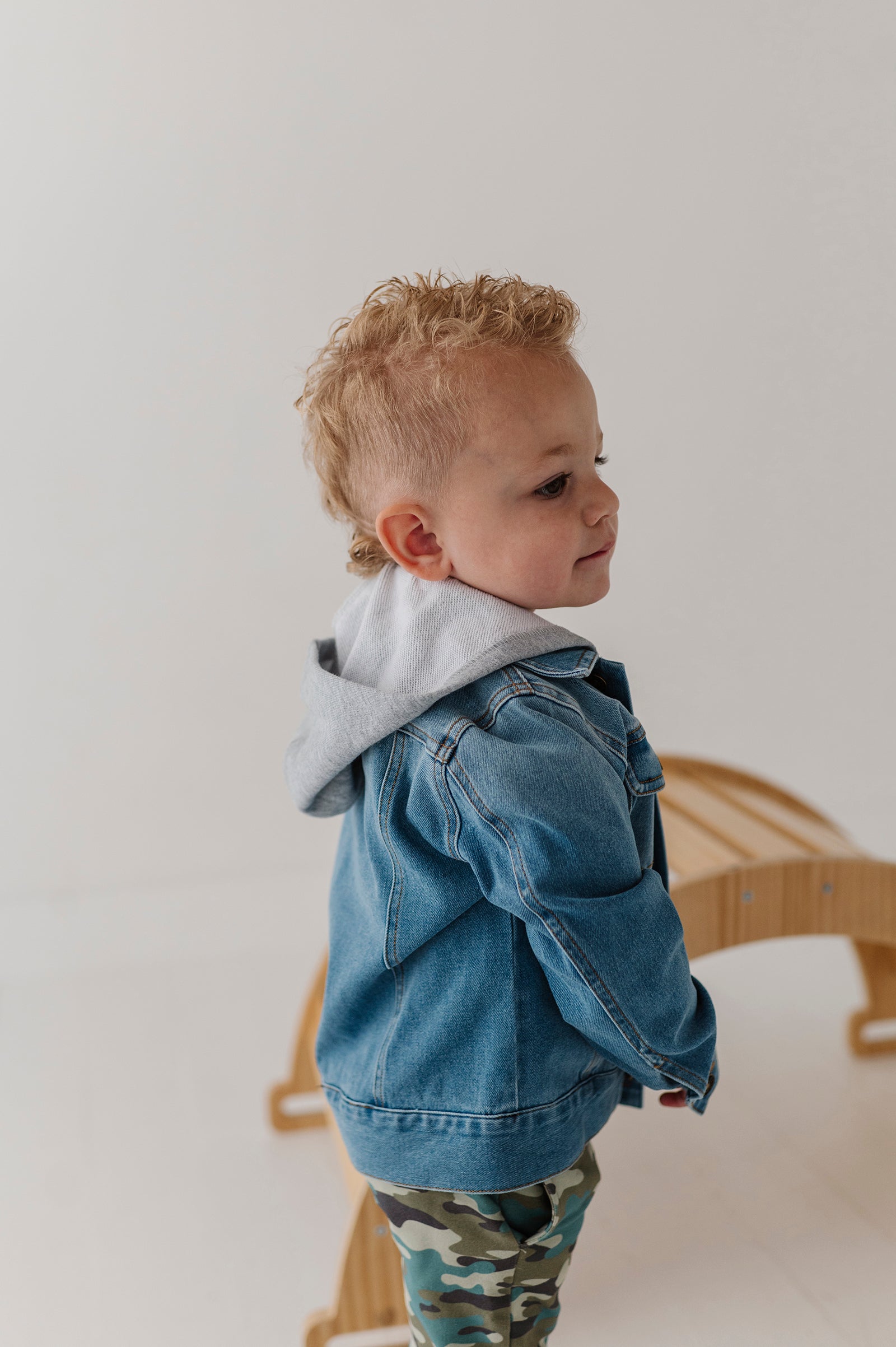 Boys Hooded Denim Jacket In Mid Blue Wash