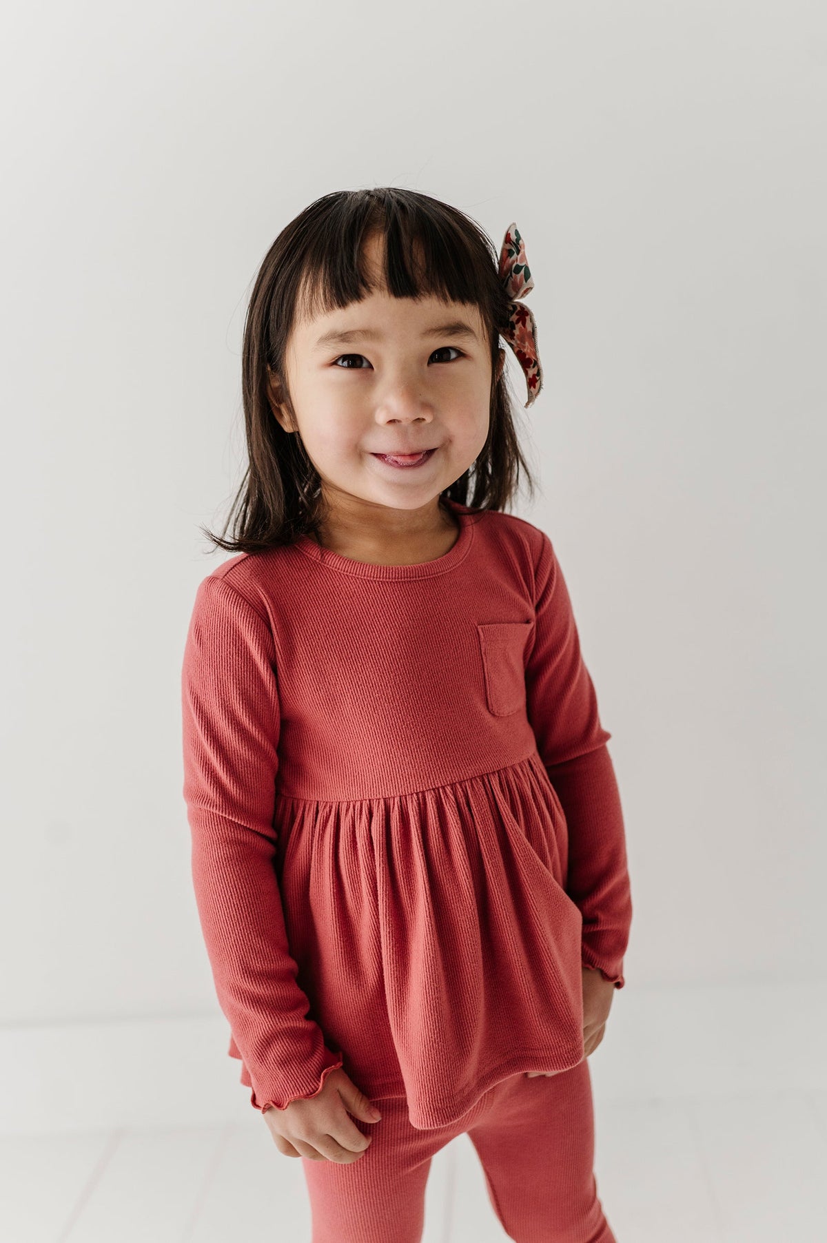 Girls Ribbed Peplum Shirt In Dusty Cedar