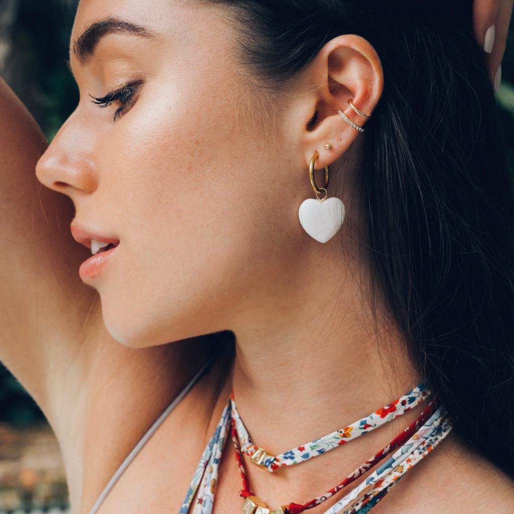 White Quartz Heart Hoop Earrings