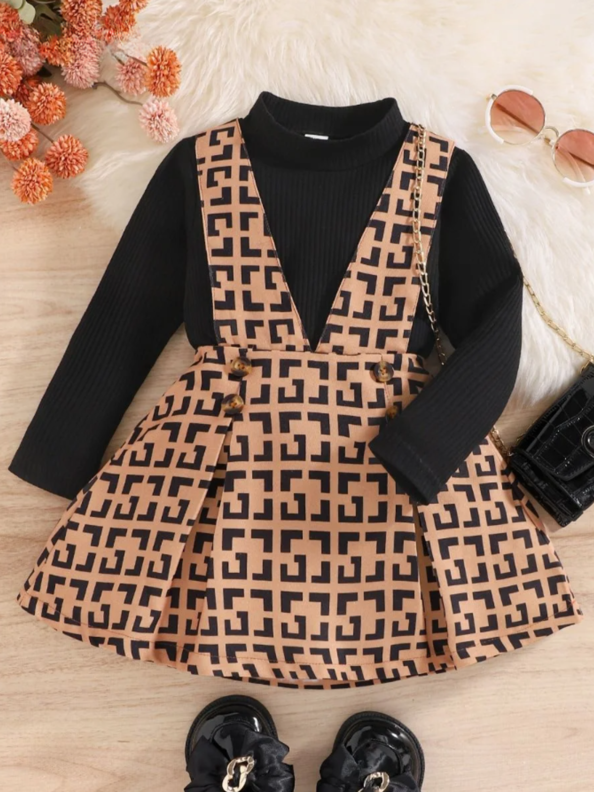 Elegant Girls Dress Set With Patterned Skirt And Long-sleeve Top