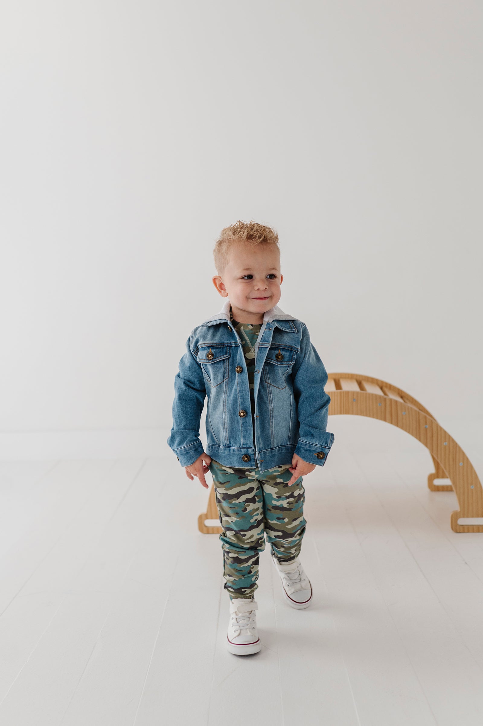 Boys Hooded Denim Jacket In Mid Blue Wash