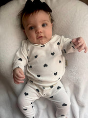 Flipped Black Hearts On White Ribbed Lounge Set