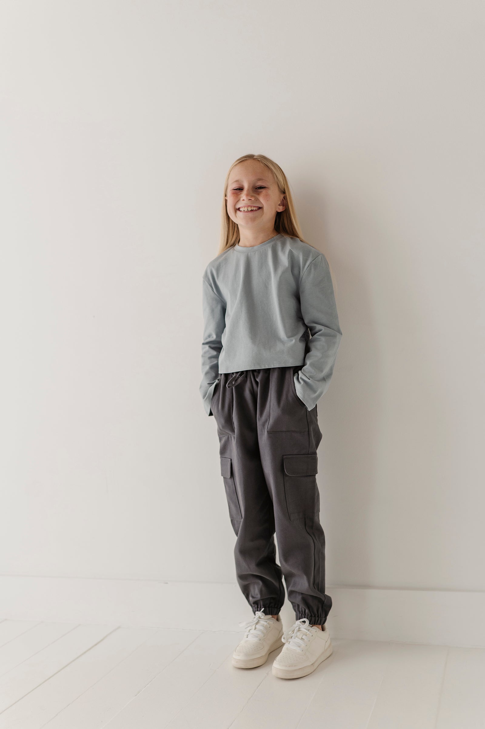 Girls Long Sleeve Shirring Tee In Grayish Blue