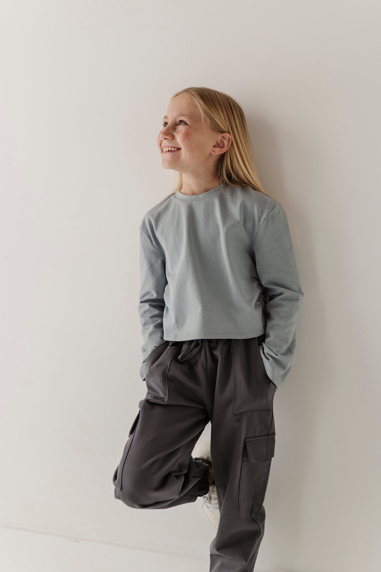 Girls Long Sleeve Shirring Tee In Grayish Blue
