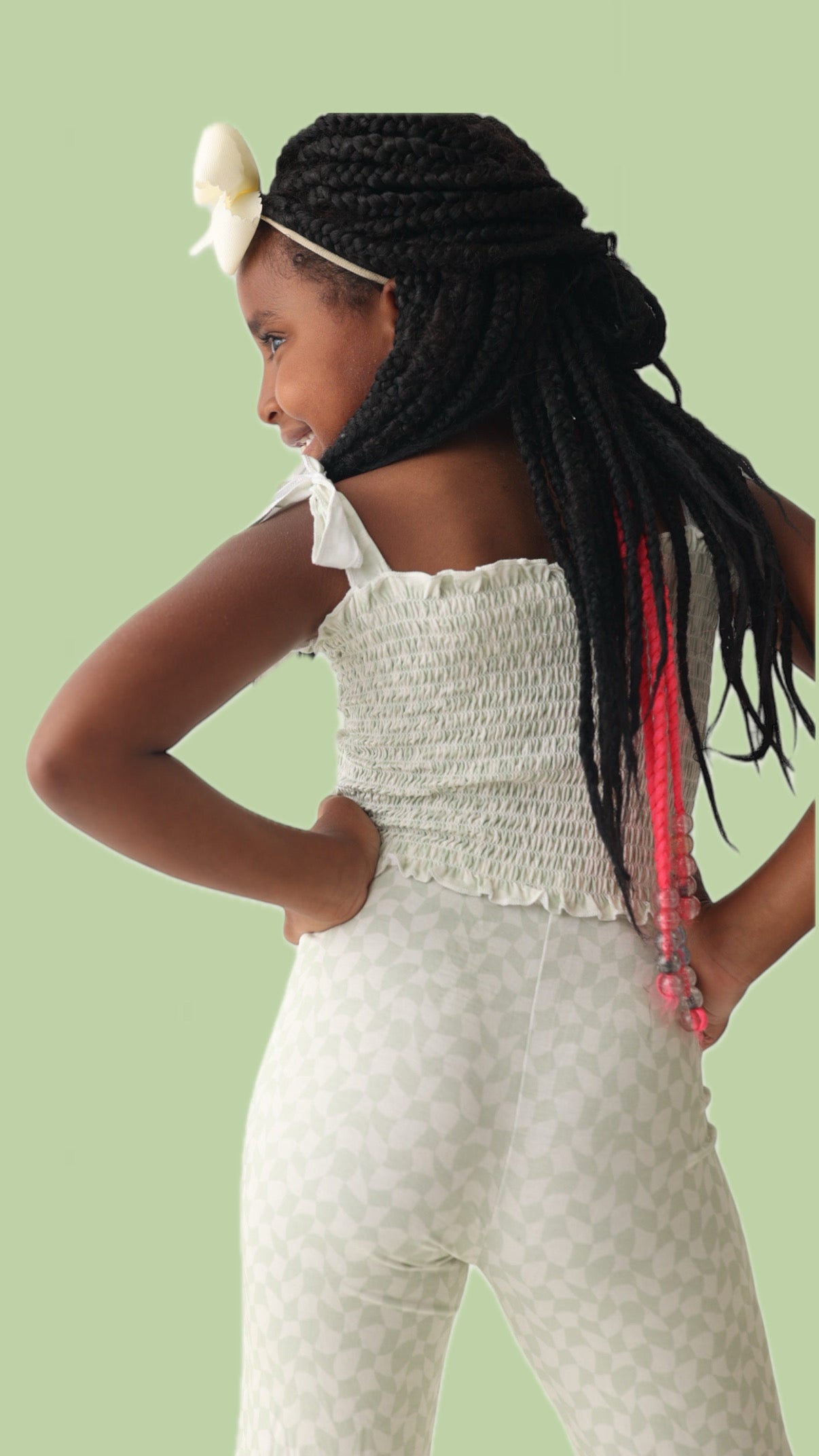 Sage Wavy Checkers Dream Smocked Flare Set