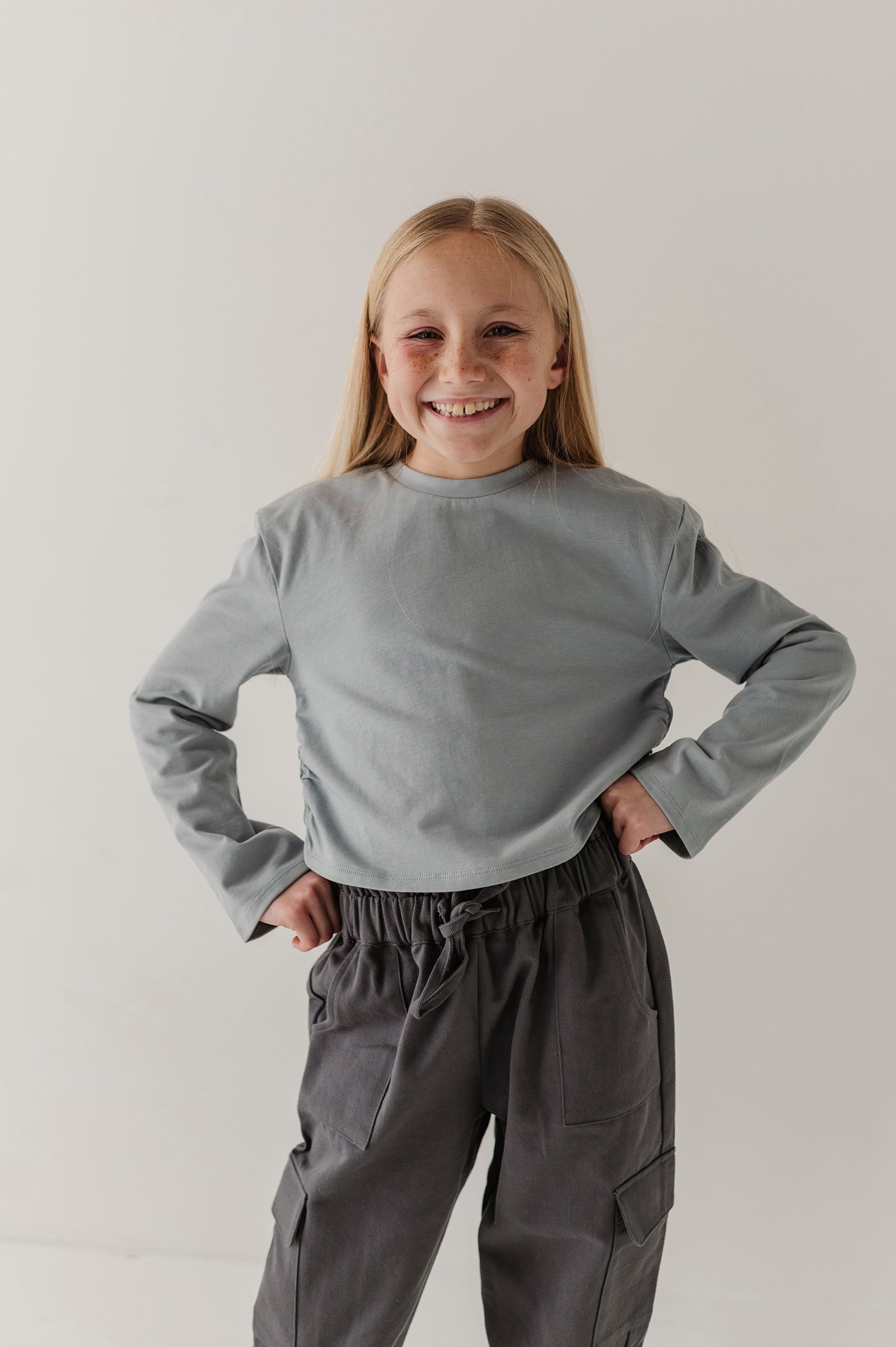 Girls Long Sleeve Shirring Tee In Grayish Blue