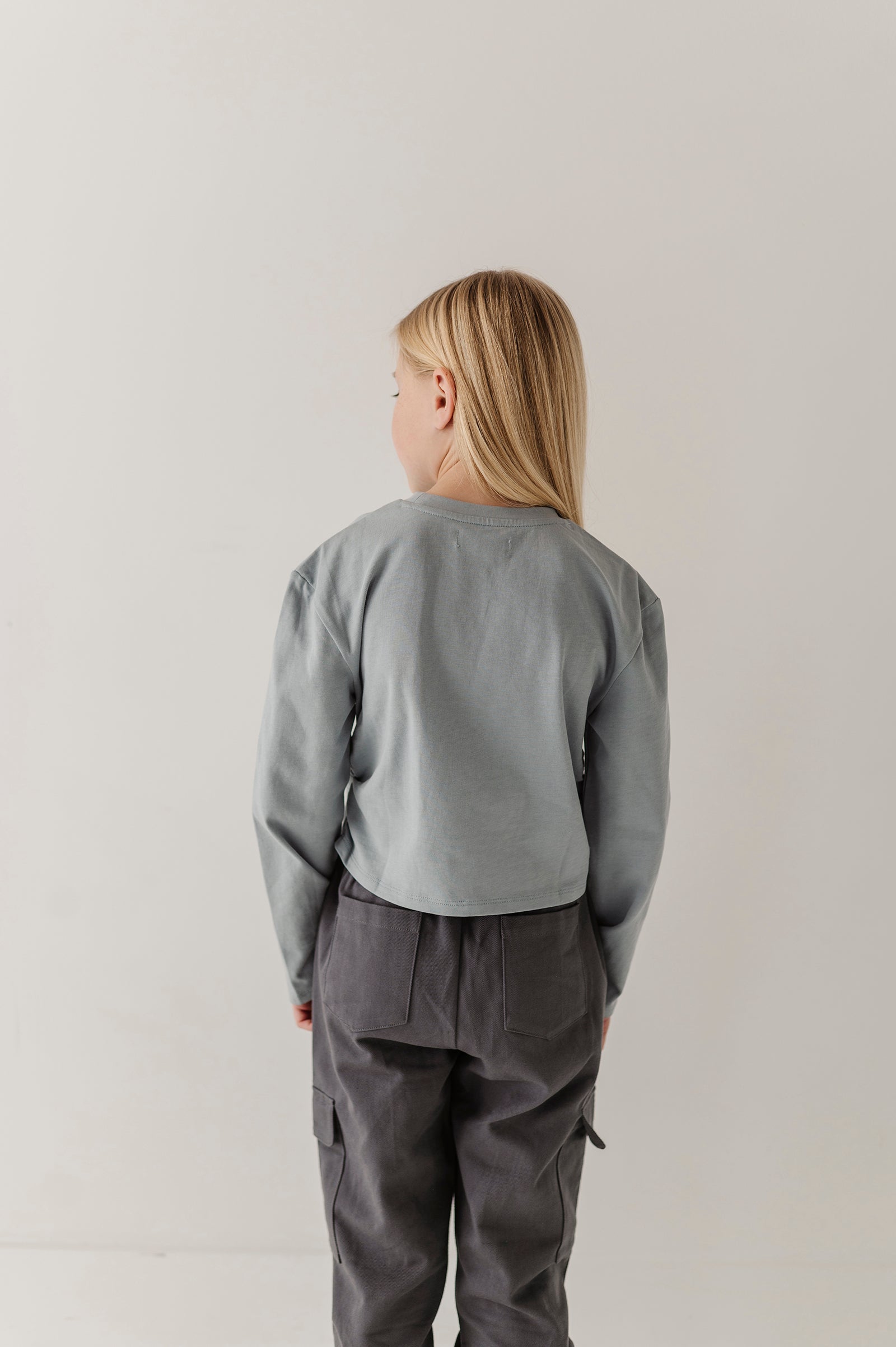 Girls Long Sleeve Shirring Tee In Grayish Blue