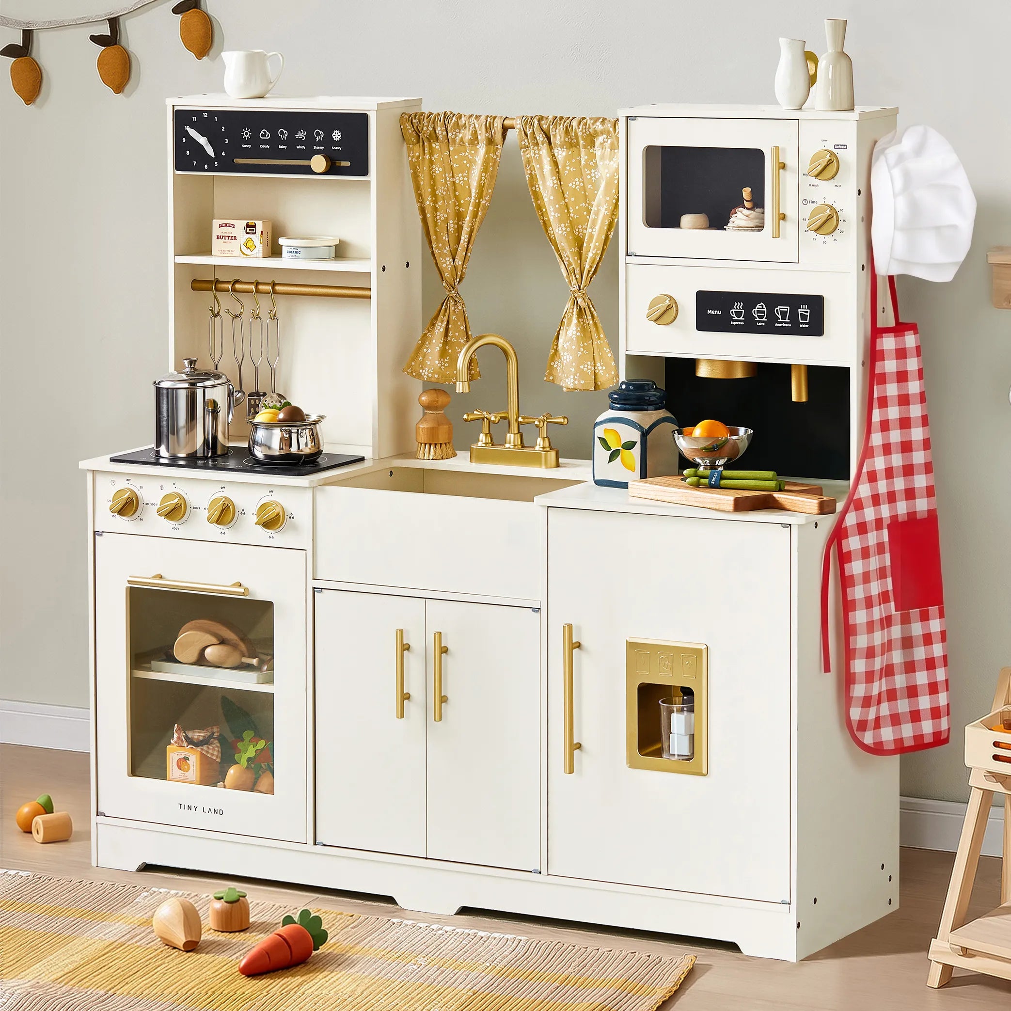 Tiny Land® Iconic Wooden Play Kitchen – Cream Pretend Cooking Set For Kids