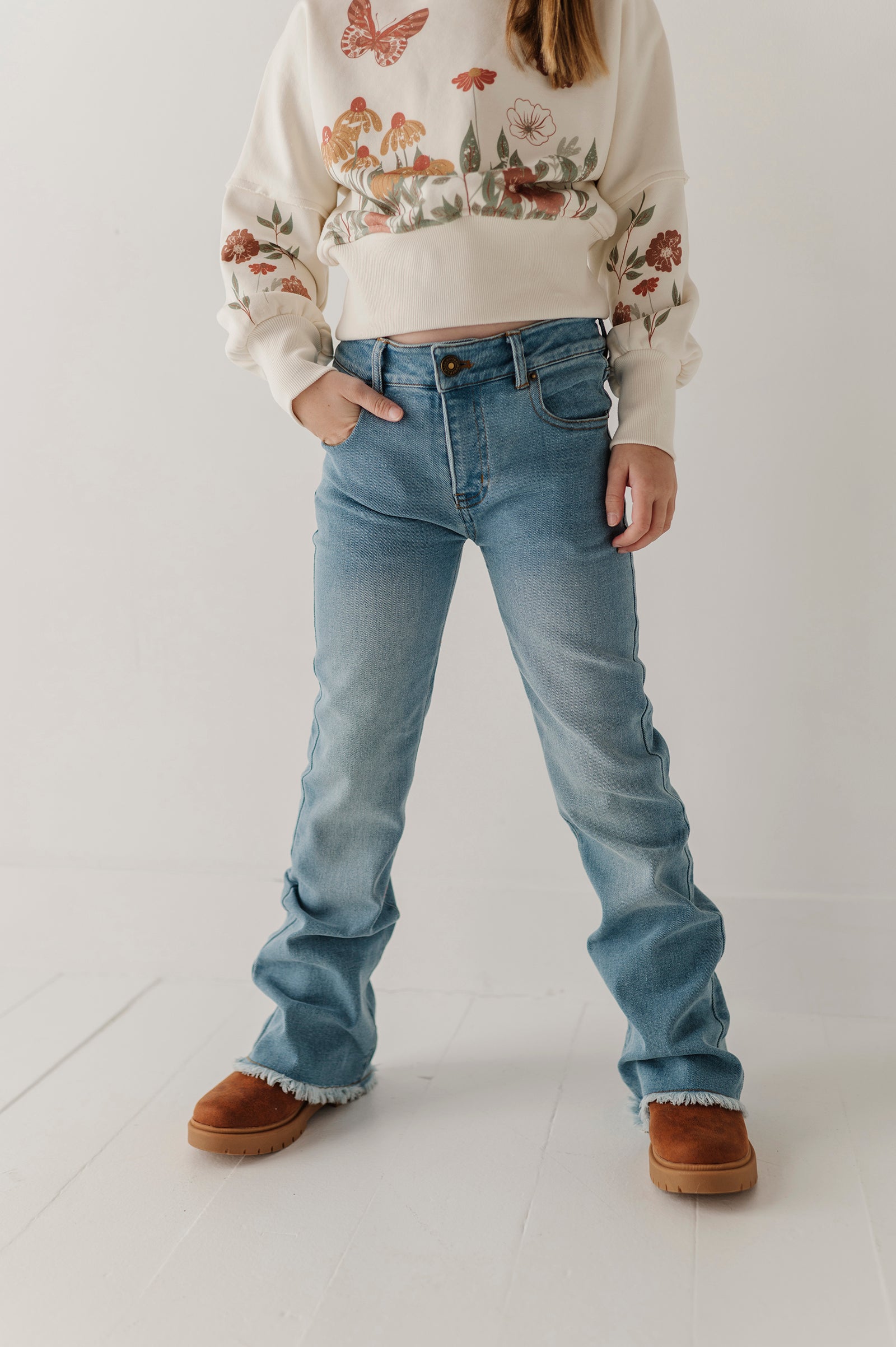 Girls Denim Jeans With Embroidery In Light Vintage Wash