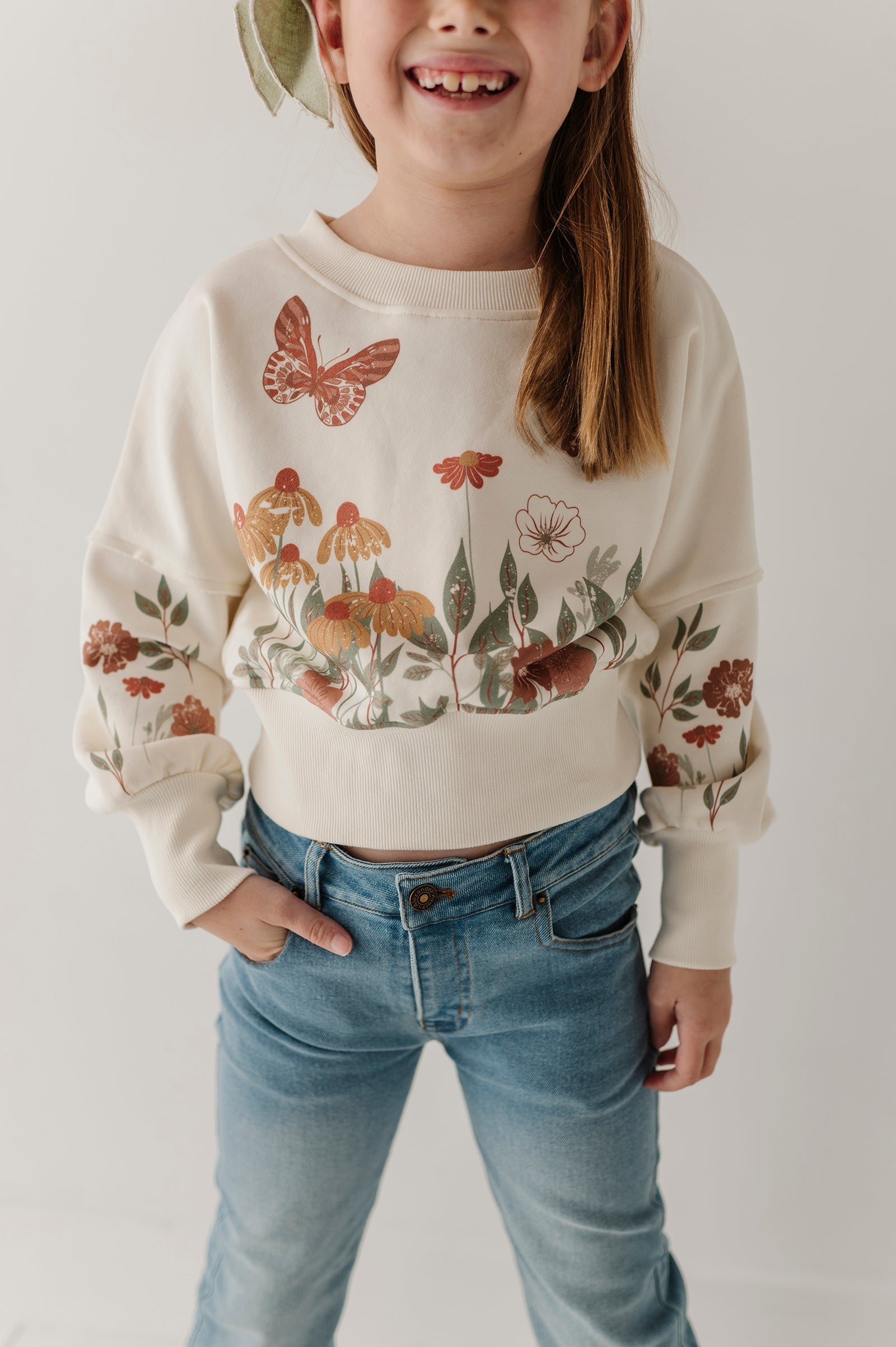 Girls Drop Shoulder Blouson Sweatshirt In Floral Garden