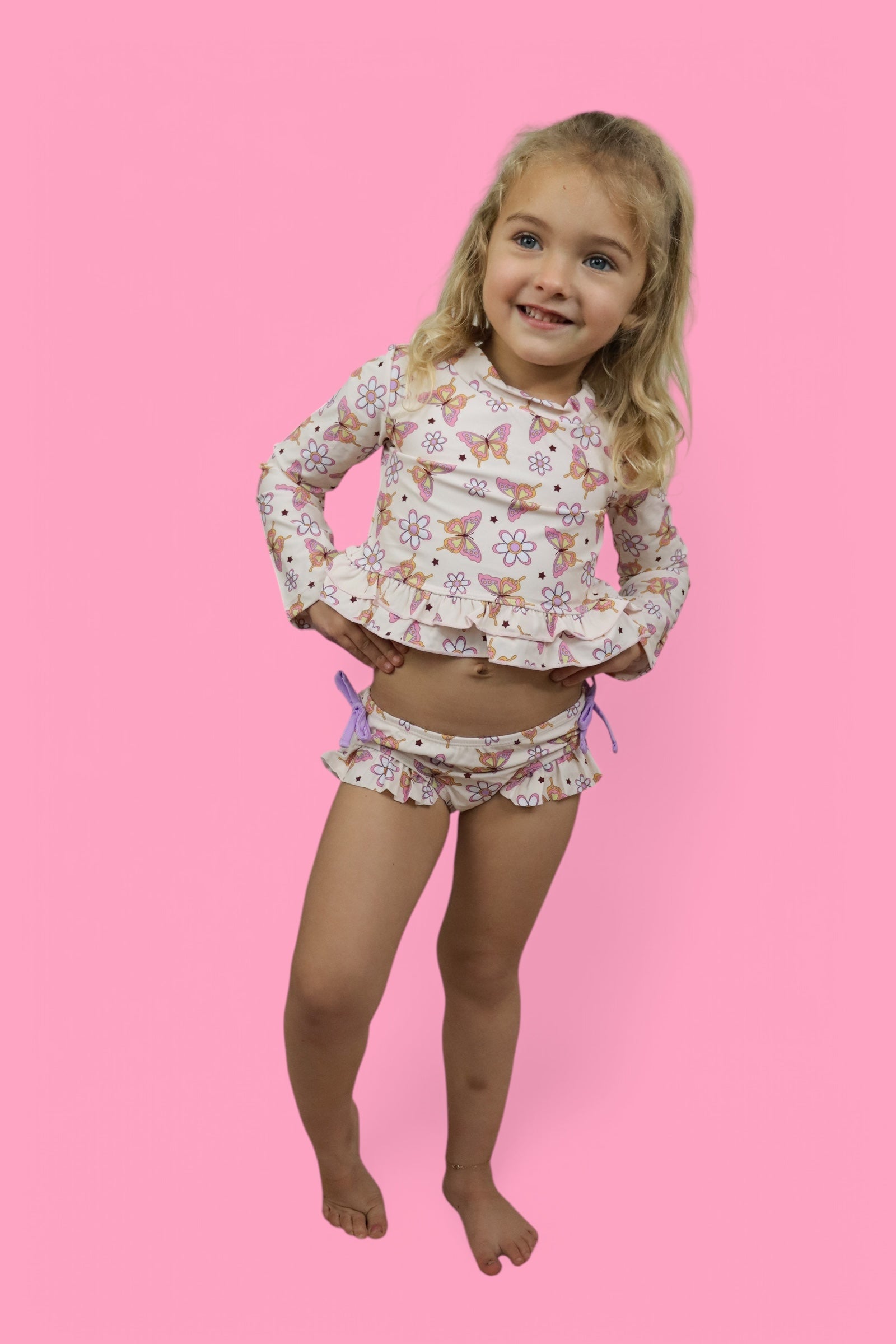 Blossomin’ Butterfly Dream 2-piece Rash Guard Ruffle Swim Suit