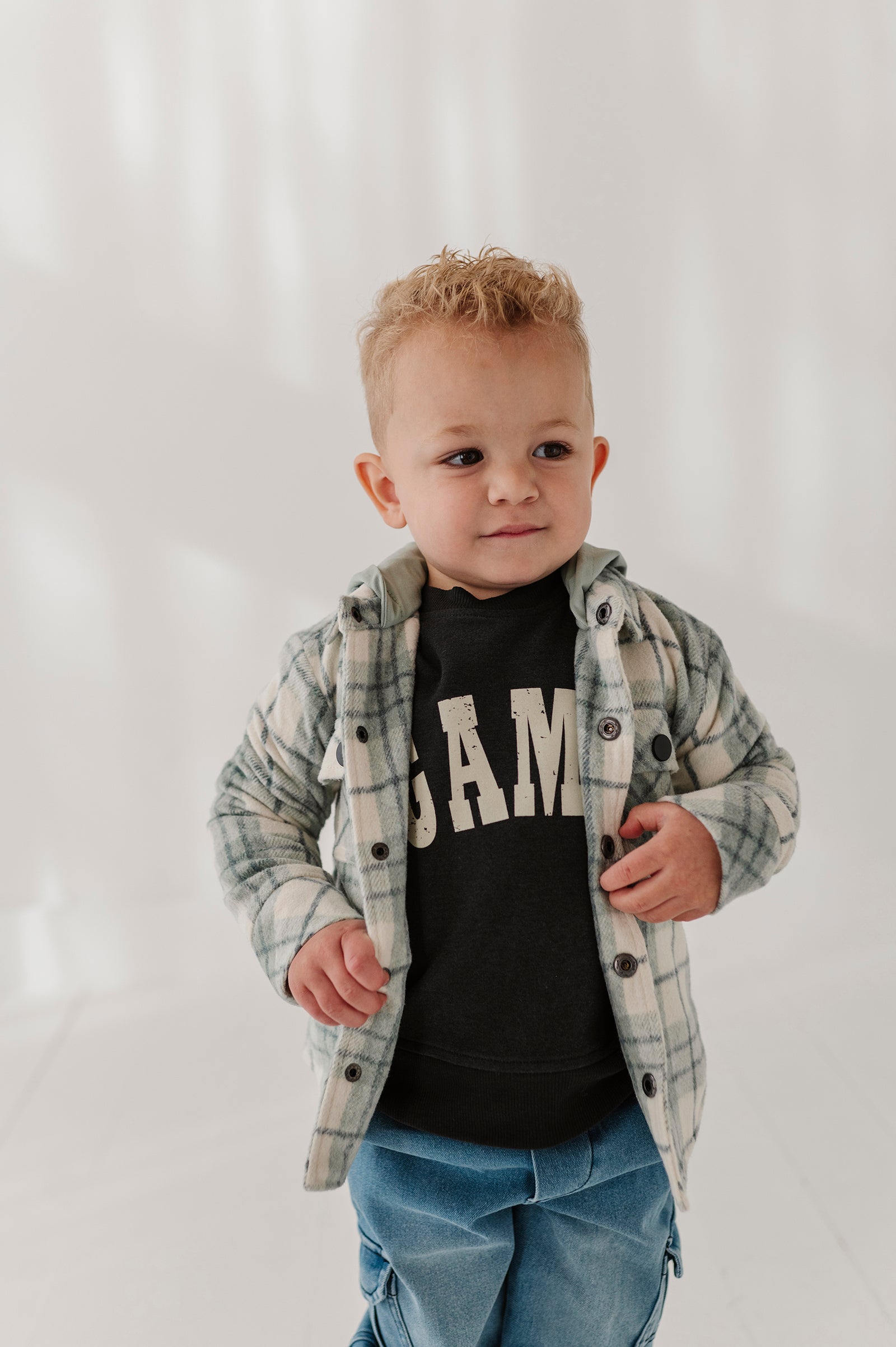 Kids Hooded Shacket In Mint Plaid