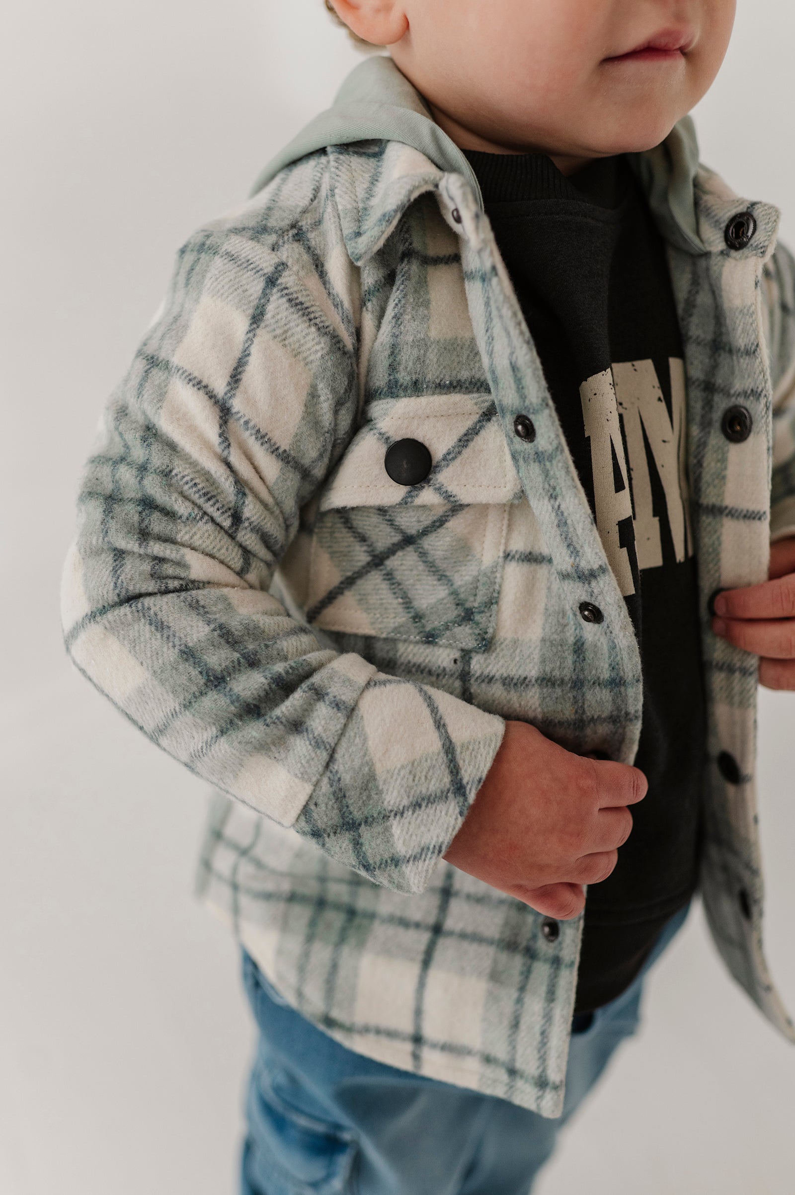 Kids Hooded Shacket In Mint Plaid