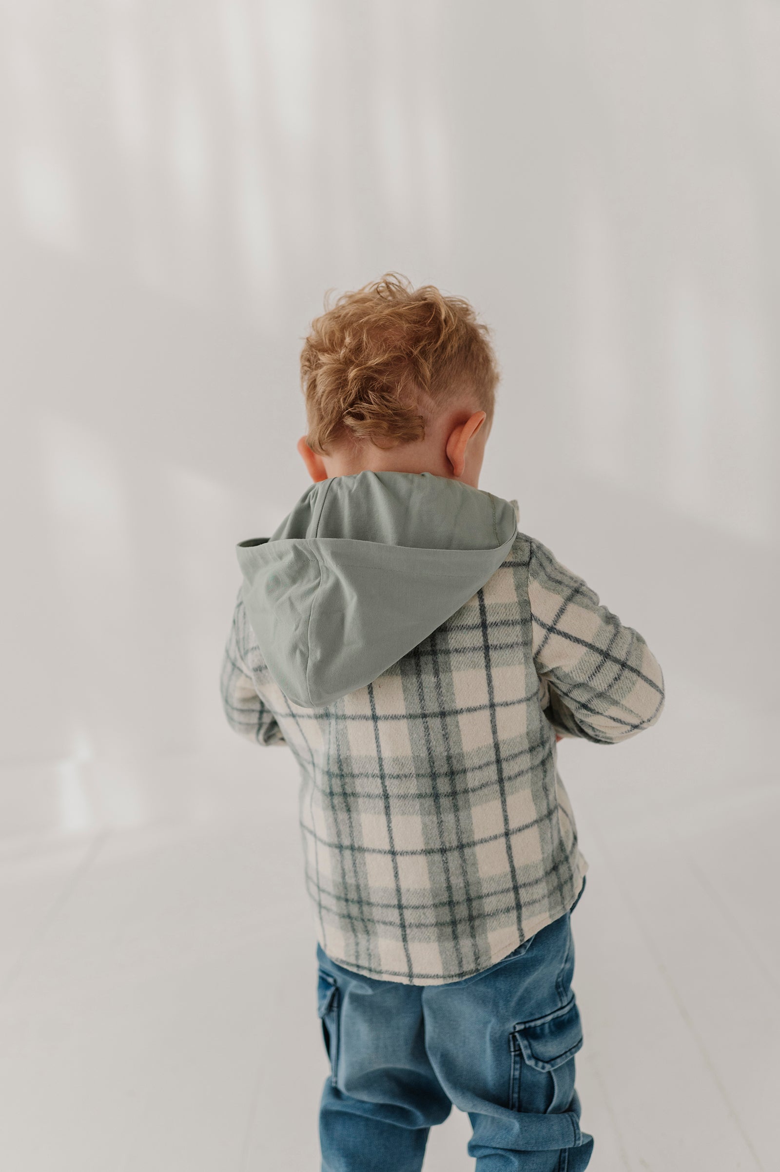 Kids Hooded Shacket In Mint Plaid