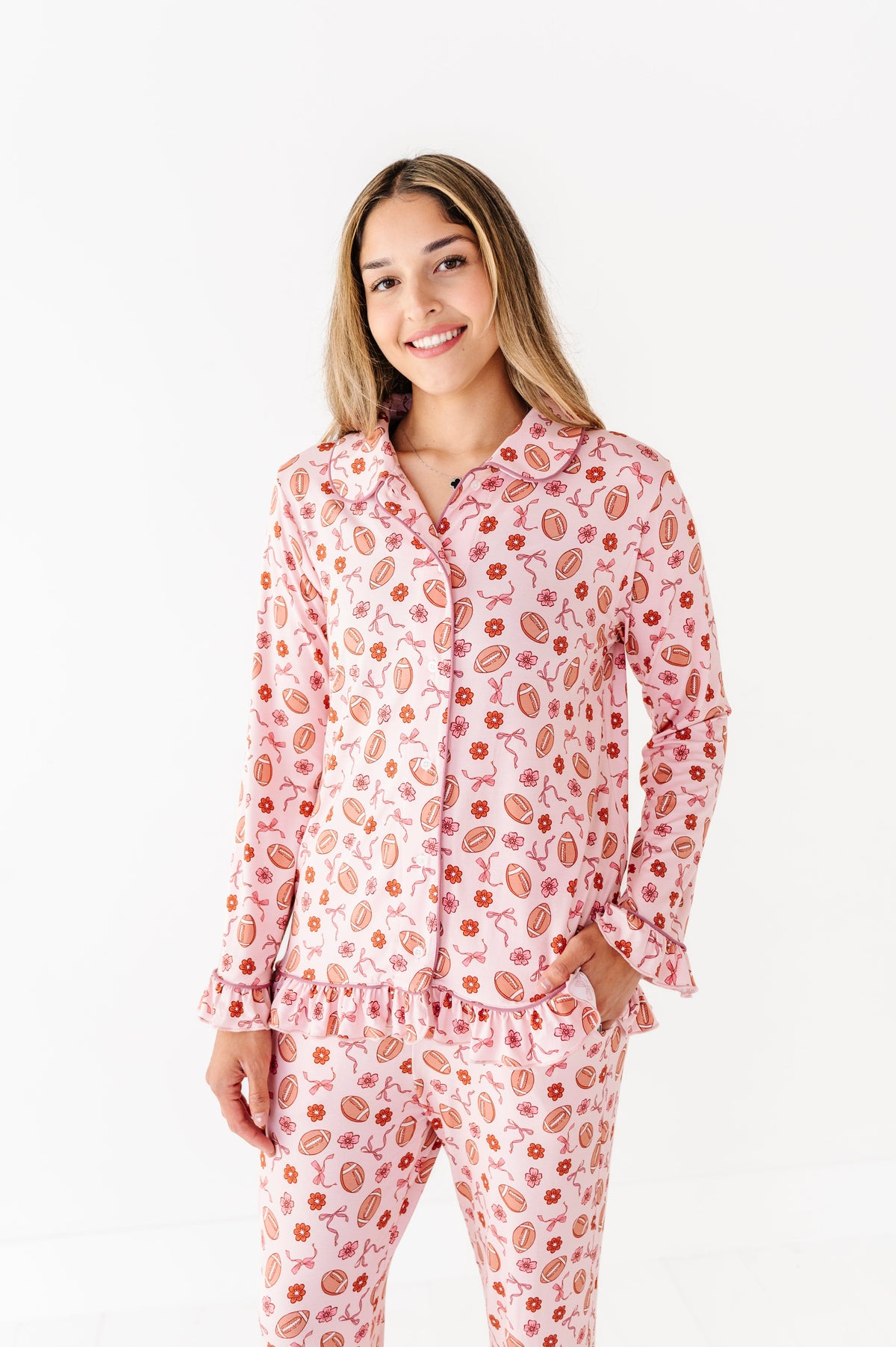 Friday Night Florals Ruffle Adult Button Up Set (est Ship Time 2-3 Weeks)