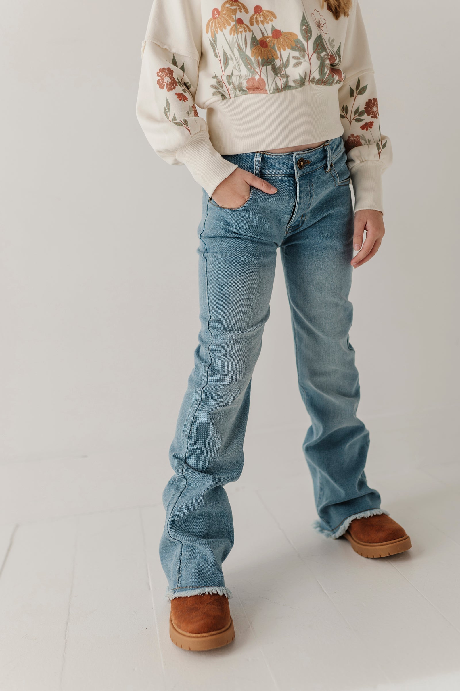 Girls Denim Jeans With Embroidery In Light Vintage Wash