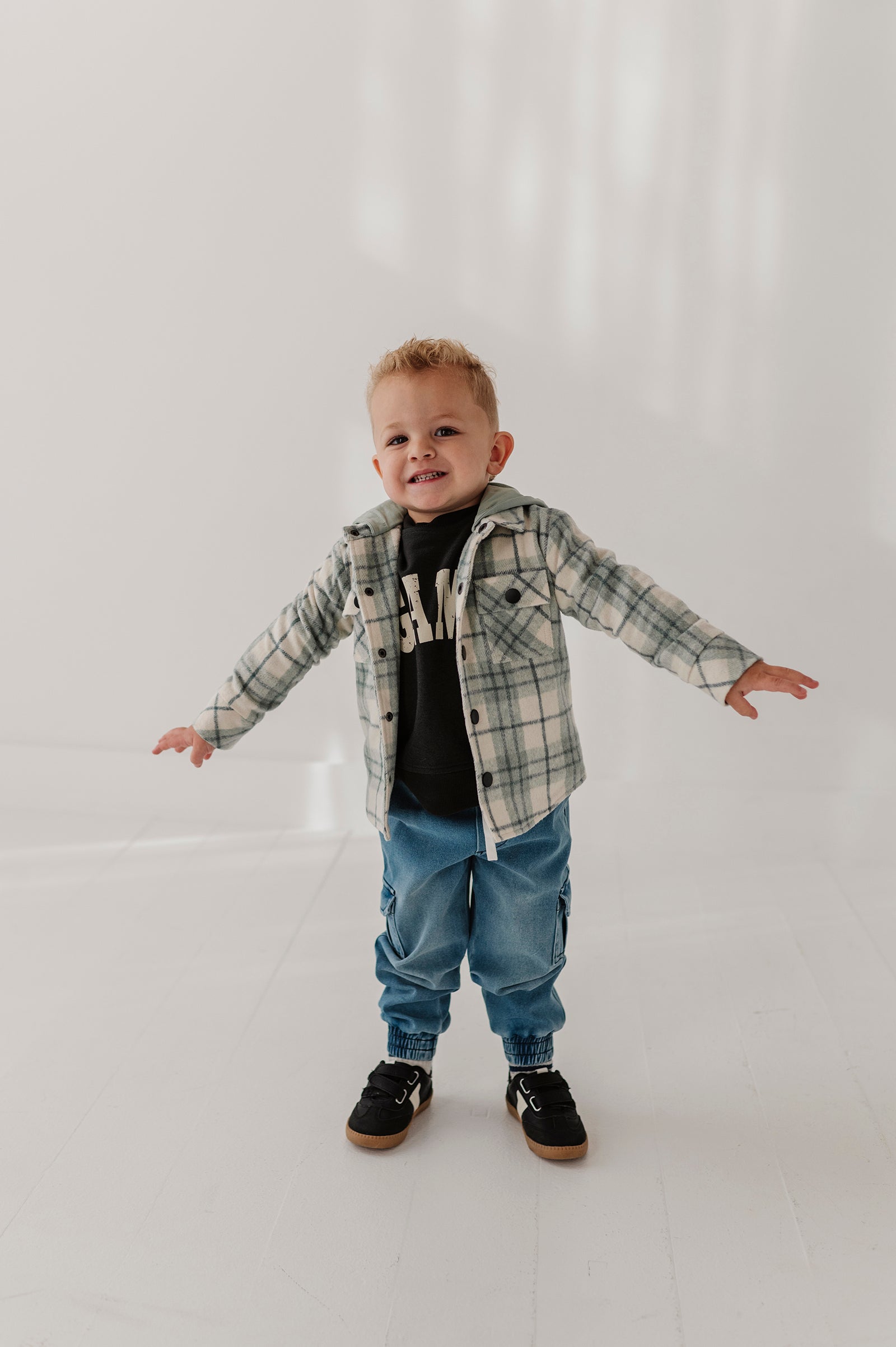 Kids Hooded Shacket In Mint Plaid