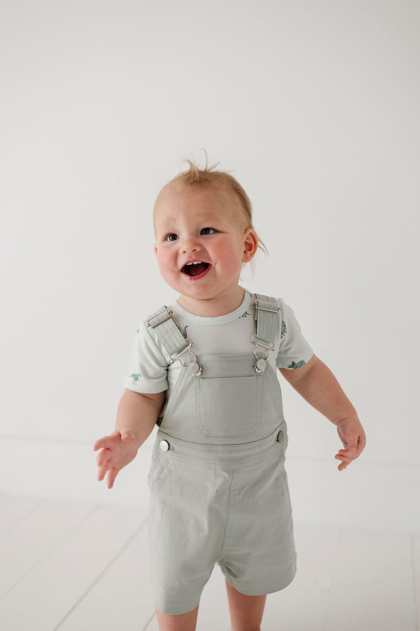 Cotton Overalls Set In Aqua Grey/dinosaur