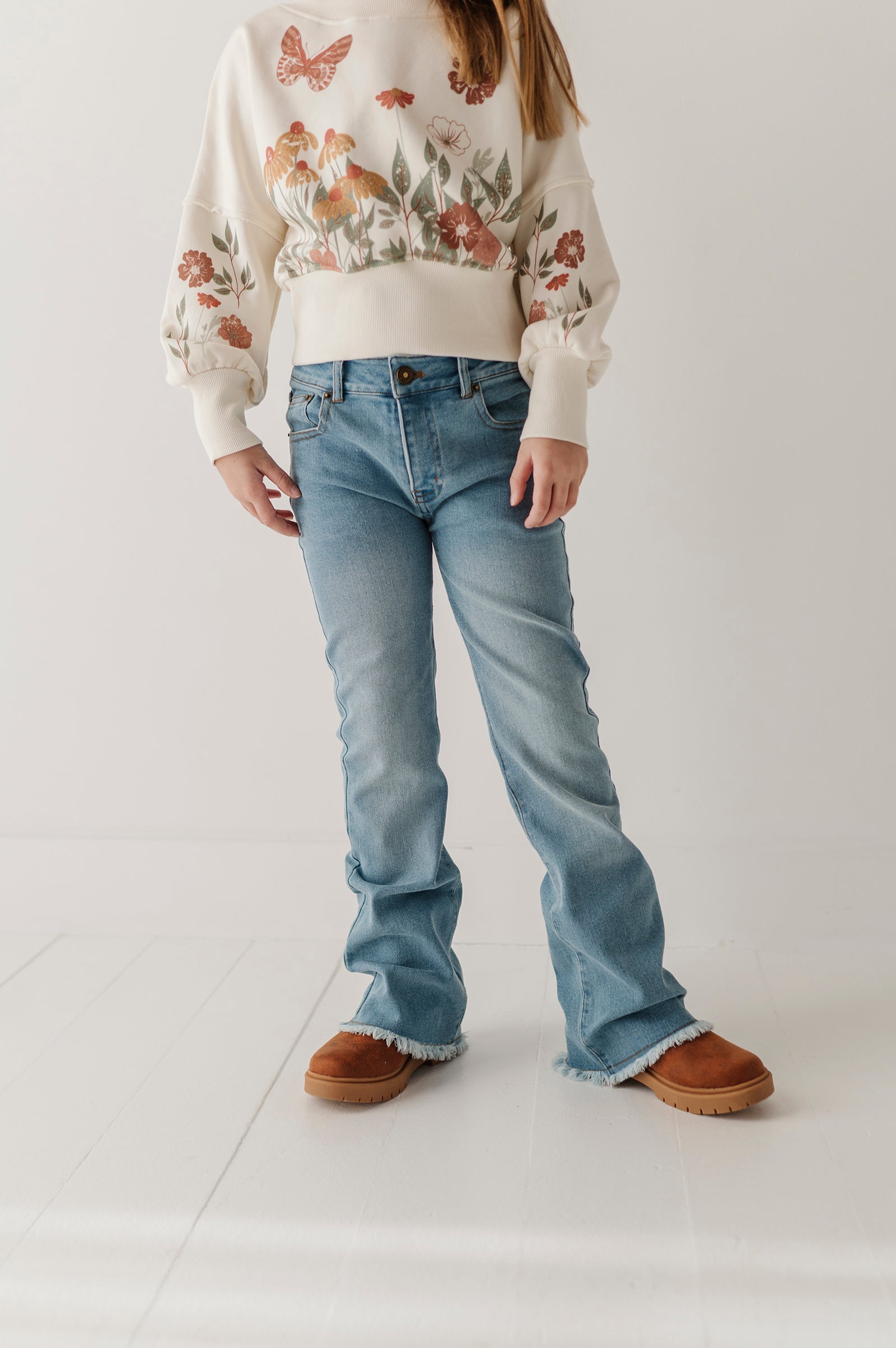 Girls Denim Jeans With Embroidery In Light Vintage Wash