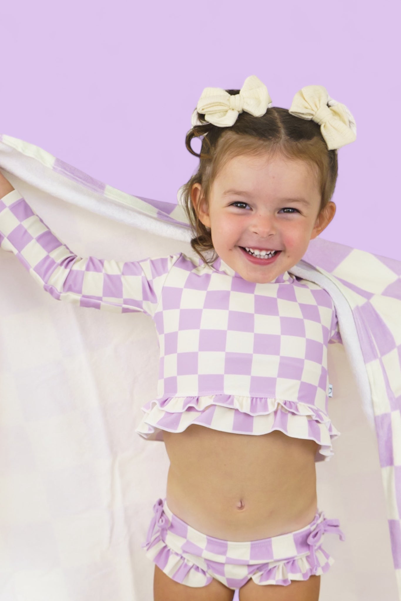 Periwinkle Checkers Dream Rash Guard Ruffle Two-piece Swim Suit