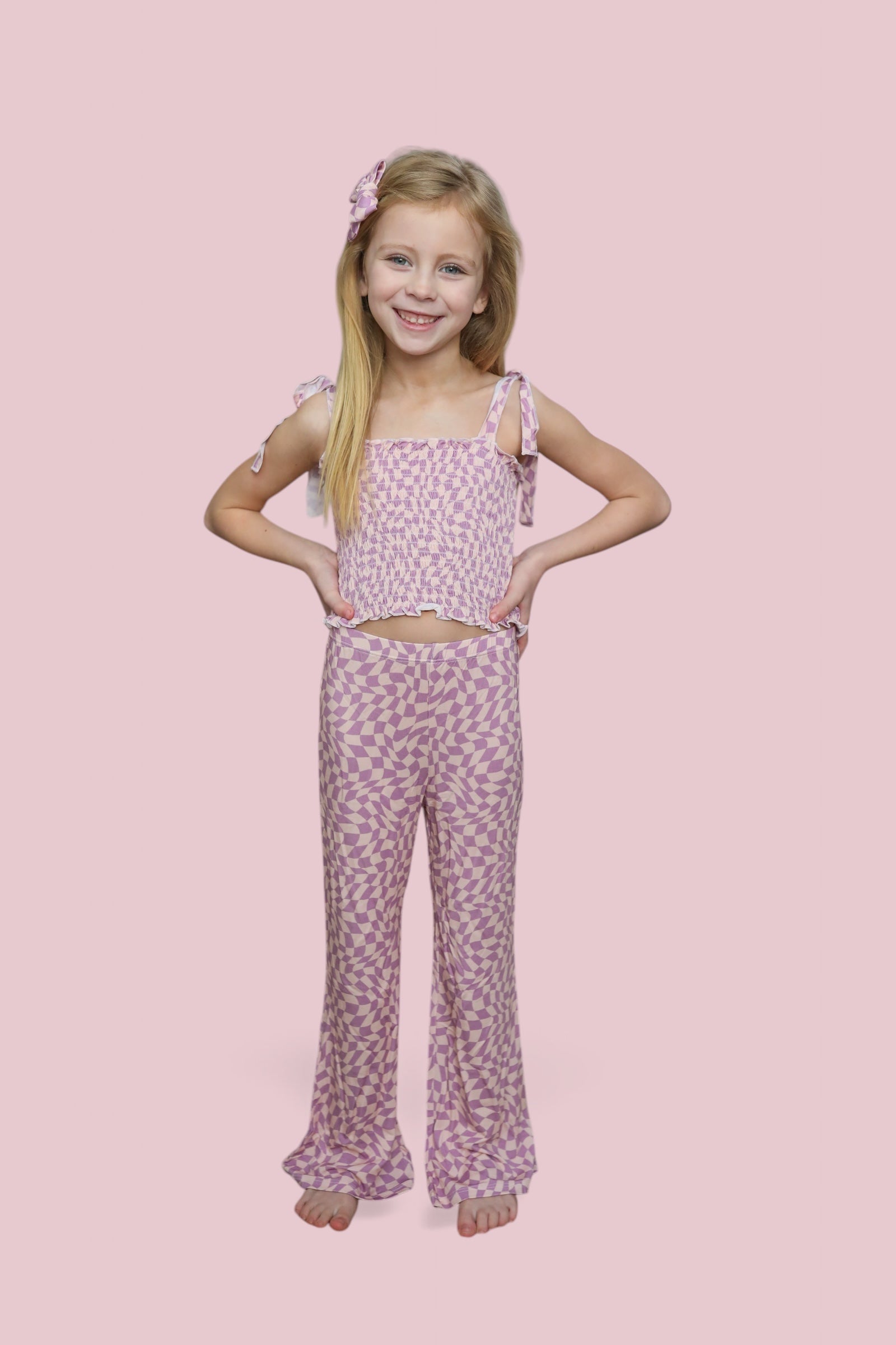 Plum Wavy Checkers Dream Smocked Flare Set