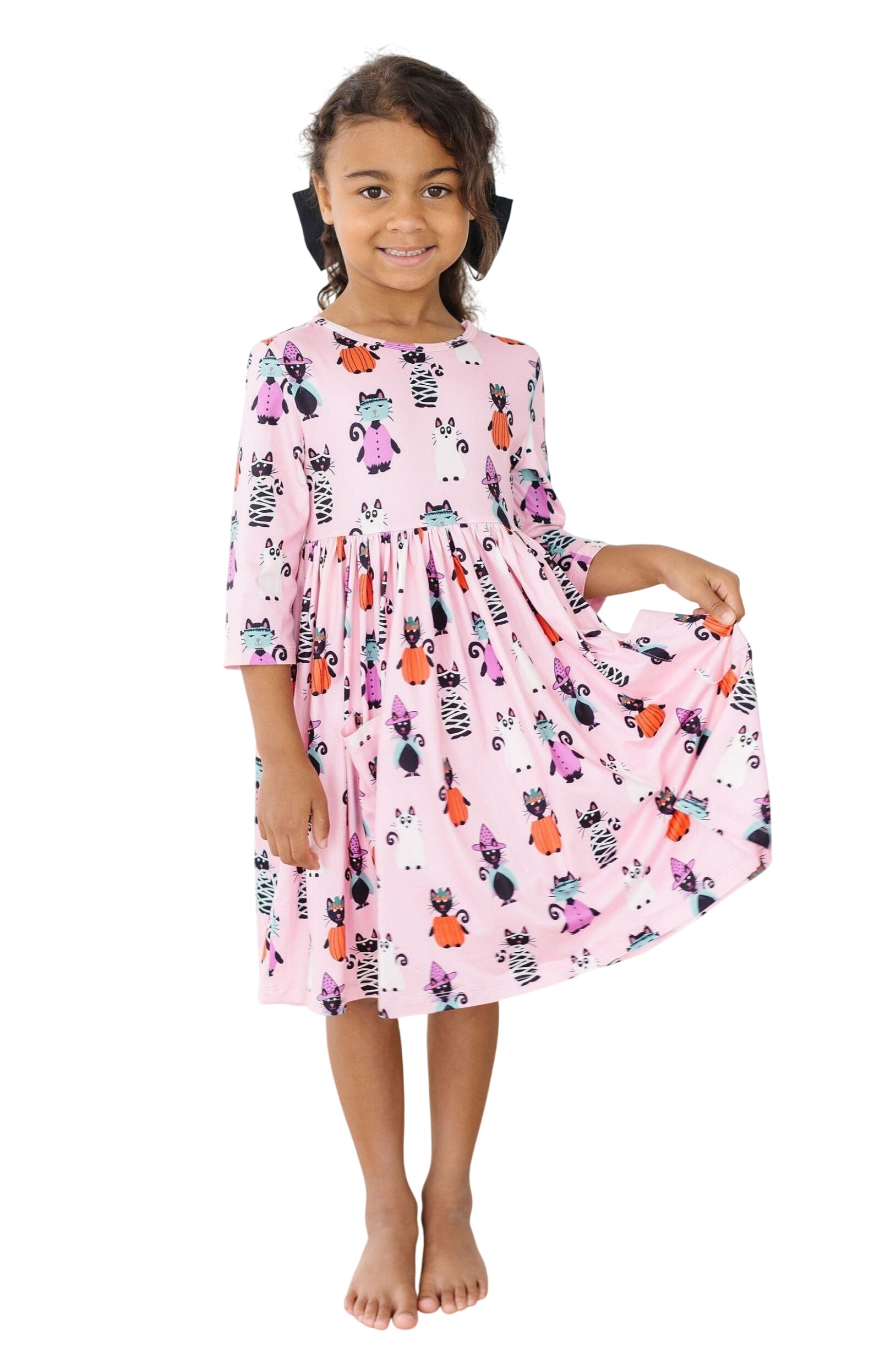 Purr-fectly Spooky 3/4 Sleeve Pocket Twirl Dress