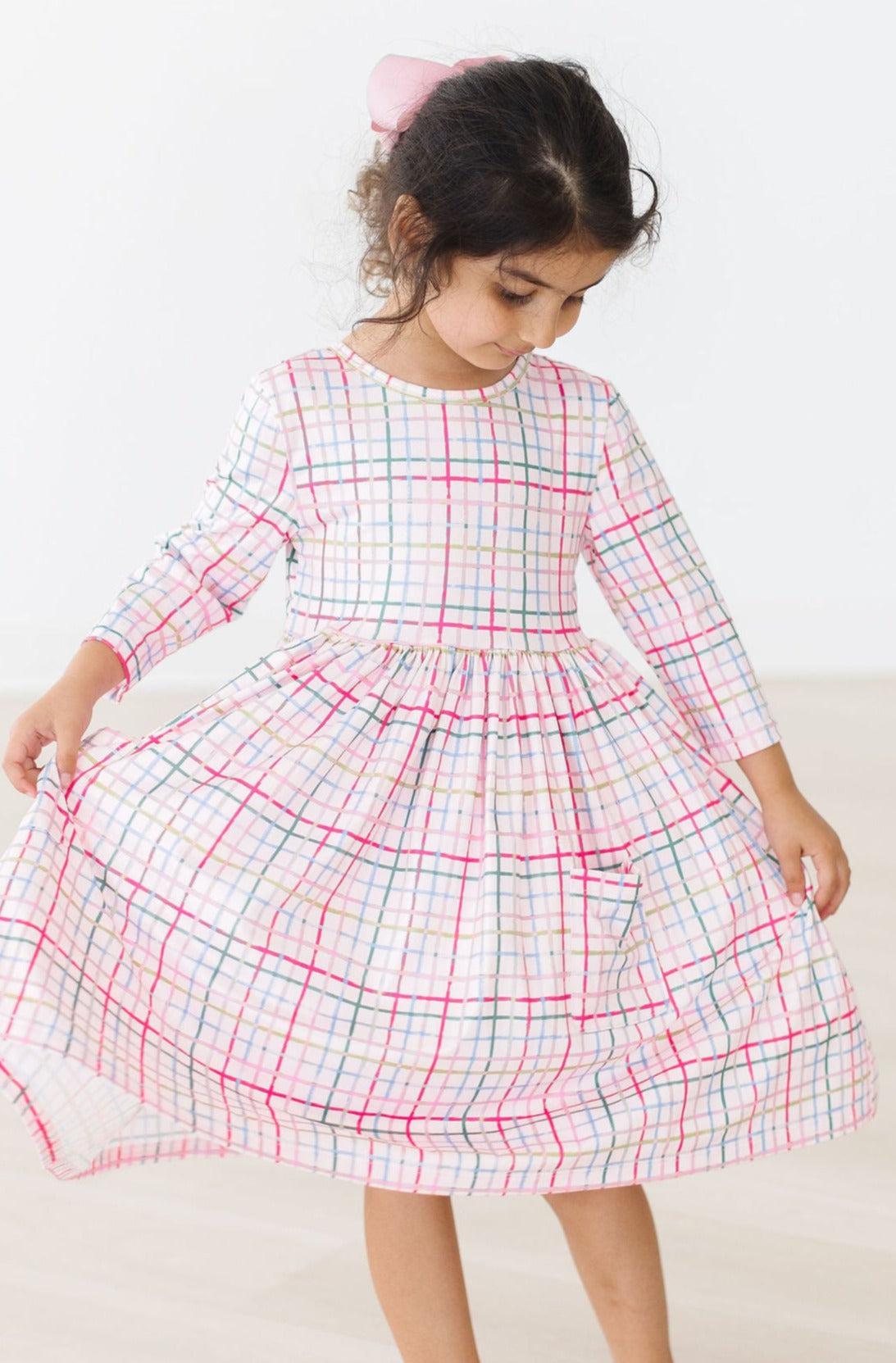 Pink Plaid 3/4 Sleeve Pocket Twirl Dress