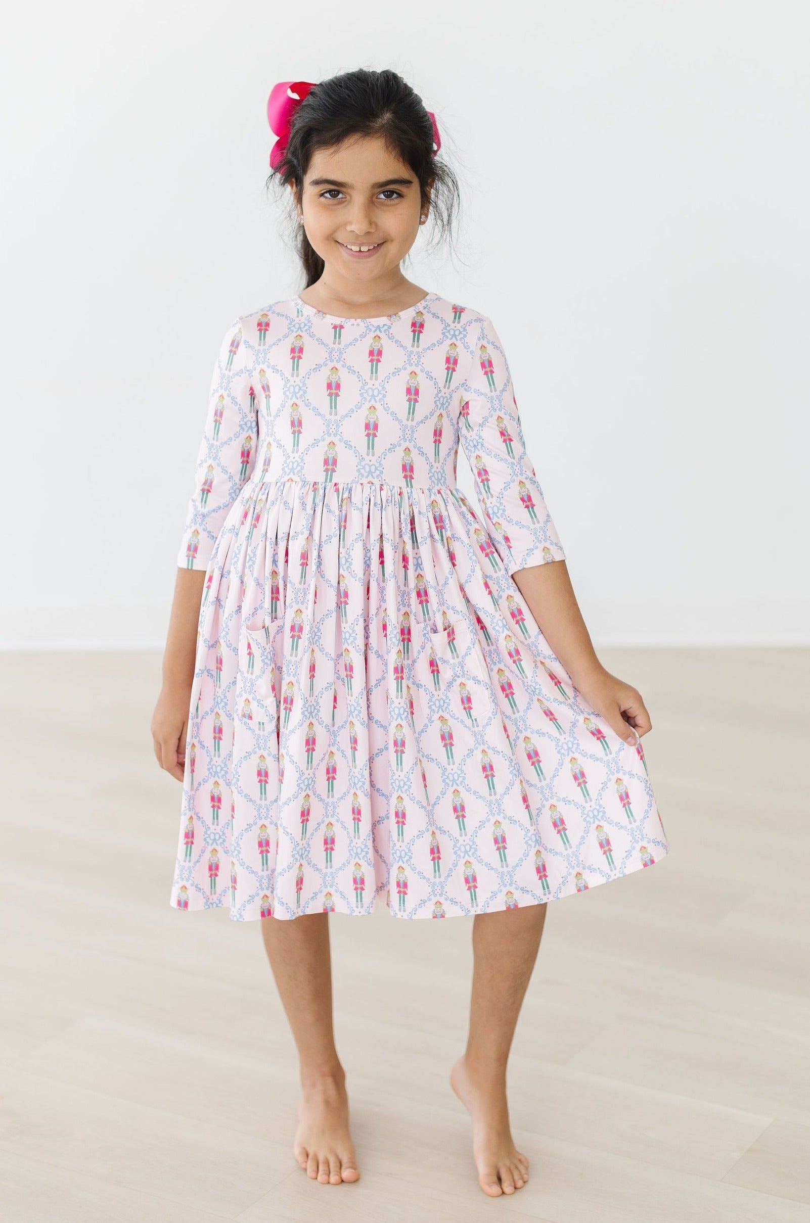 Pink Nutcracker 3/4 Sleeve Pocket Twirl Dress