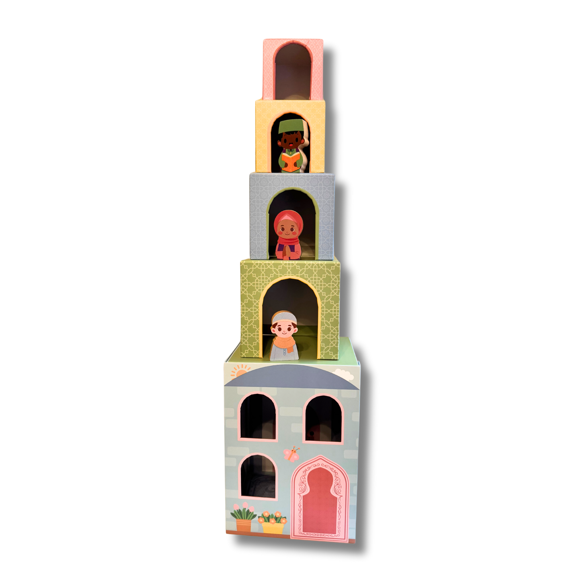 Stacking Houses (set Of 5 Houses And 3 Hardwood Characters)