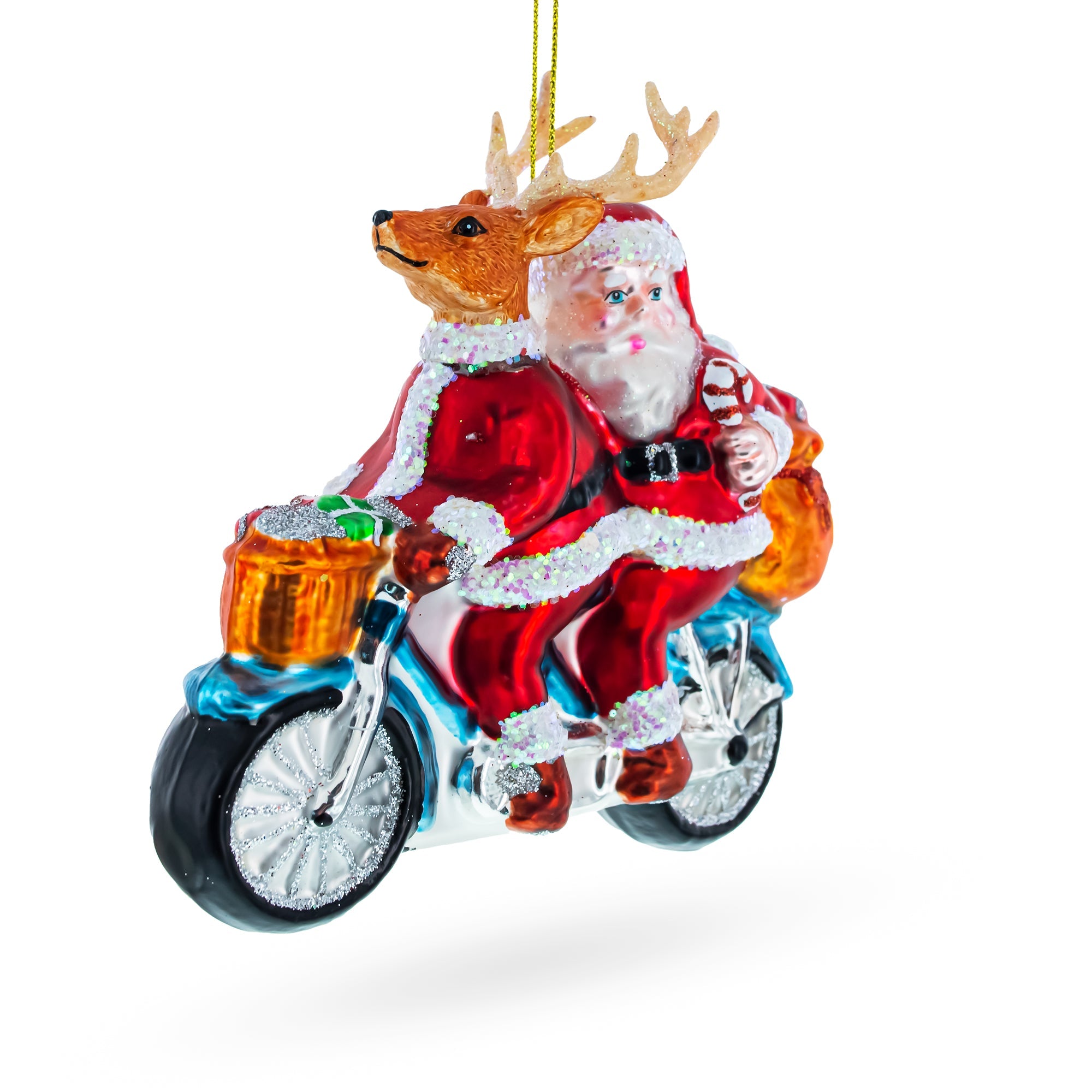 Joyful Santa And Reindeer Riding A Tandem Bike - Blown Glass Christmas Ornament