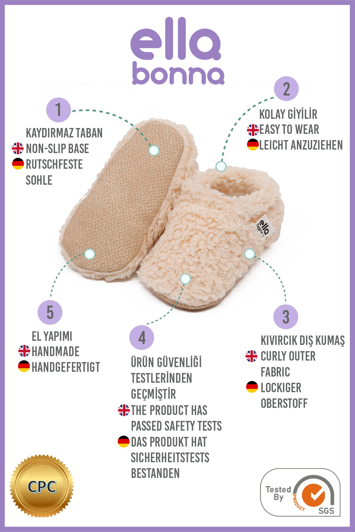 Teddy Baby Booties House Slippers, Non-slip Sole, Organic Cotton Lining, Home Nursery Shoes, Beige