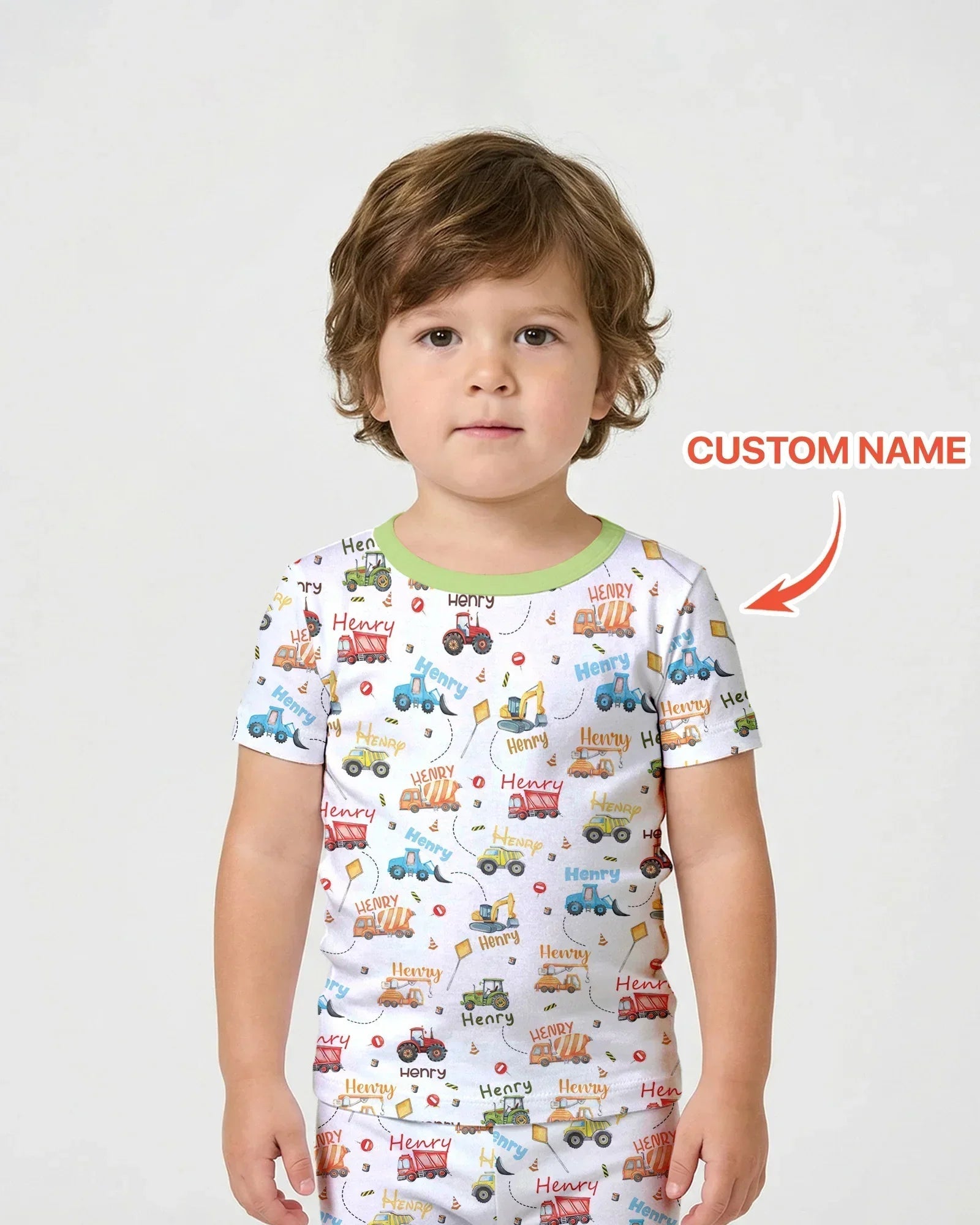 Construction Vehicles Custom Name Bamboo Two Piece Short Sleeve Pajama Set