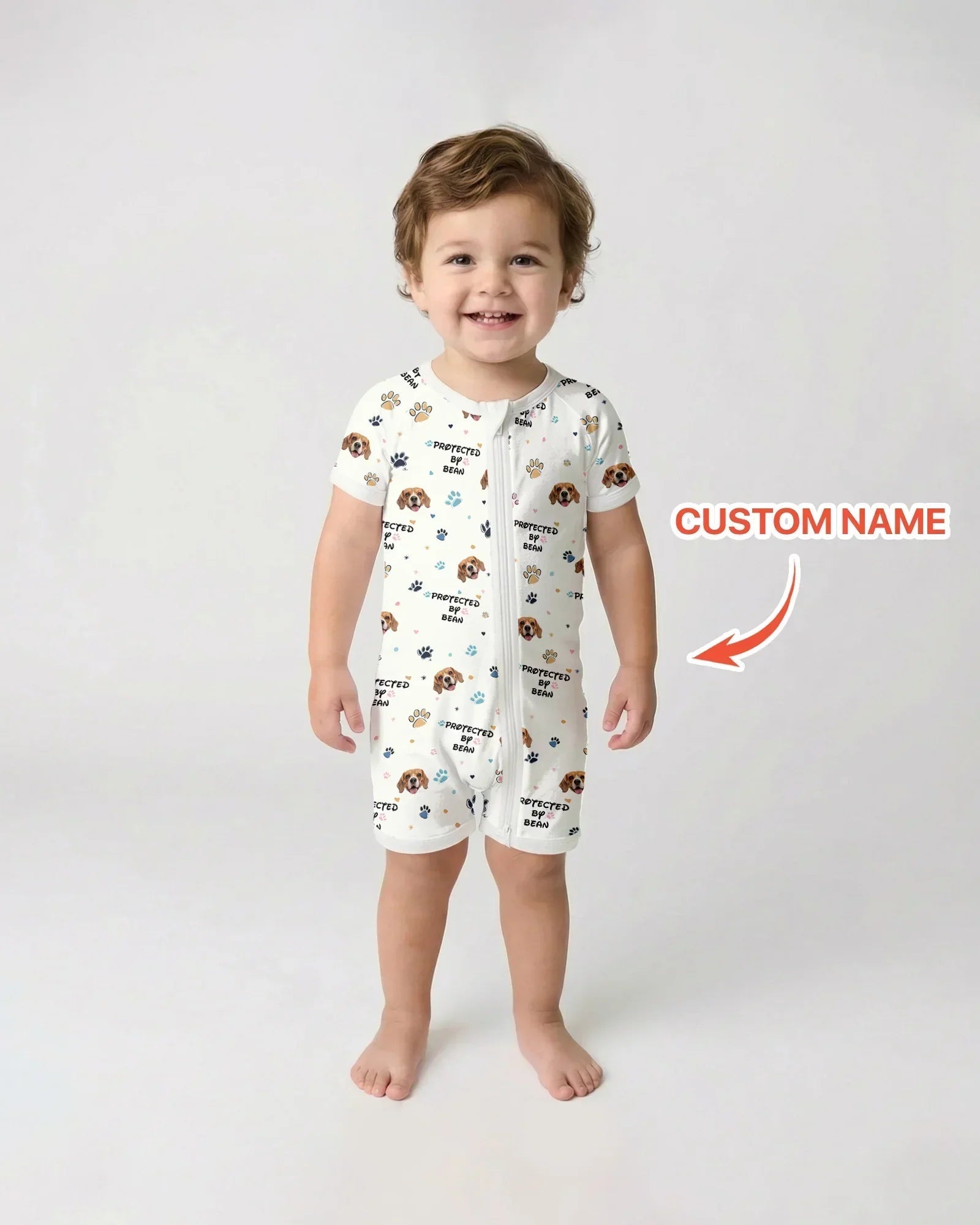 Custom Dog Photo Pattern "protected By" Bamboo Shorty Zippered Romper