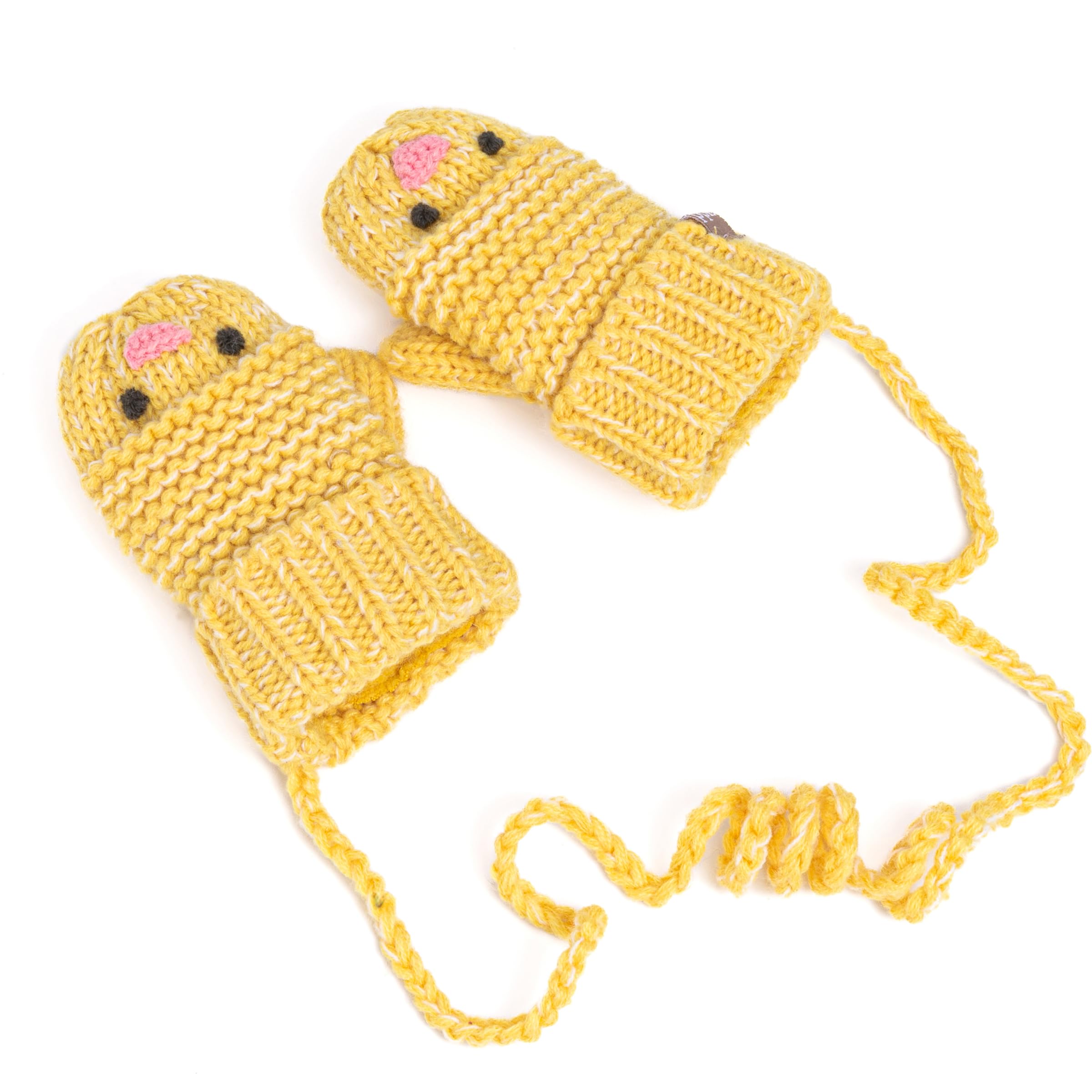Knit Baby Chick Mittens With Cord-for Kids, Toddler Girls Age 1-6 Years, Cute Design