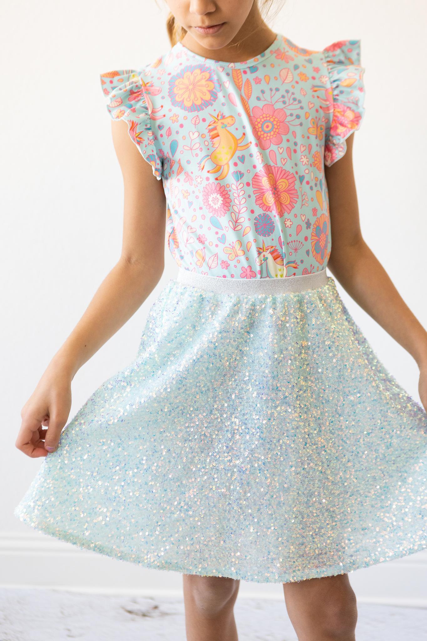 Blue Retro Unicorns S/s Ruffle Tee