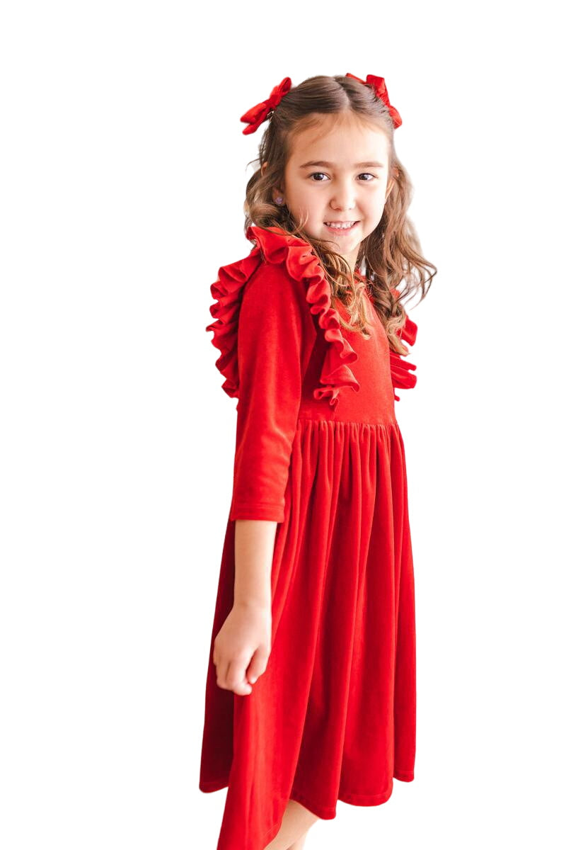 Red Velvet Ruffle Twirl Dress