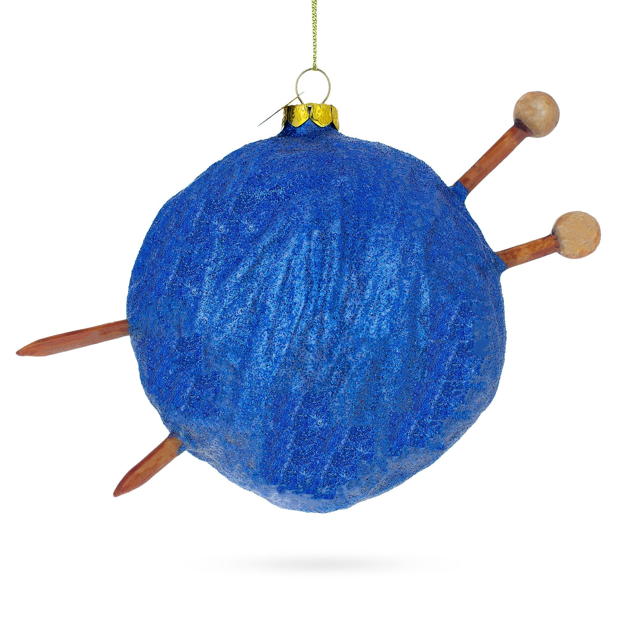 Blue Yarn Ball And Sticks - Blown Glass Christmas Ornament