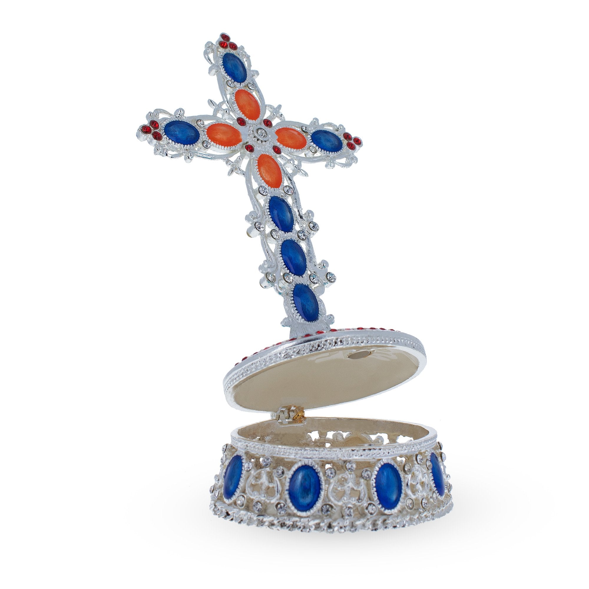 Bejeweled Standing Metal Cross Trinket Or Rosary Box