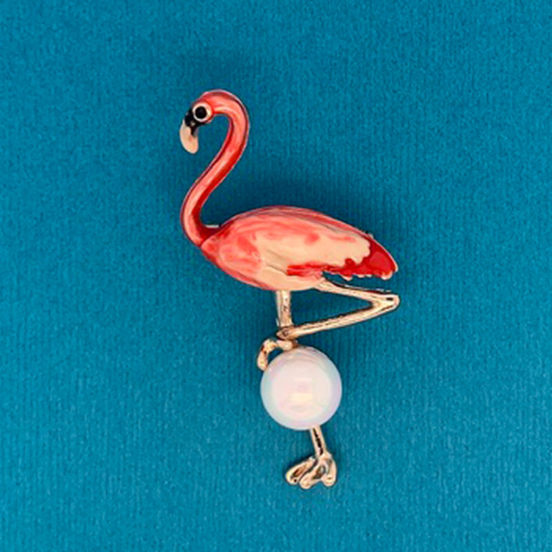 Enameled Pink Flamingo With Pearl Brooch