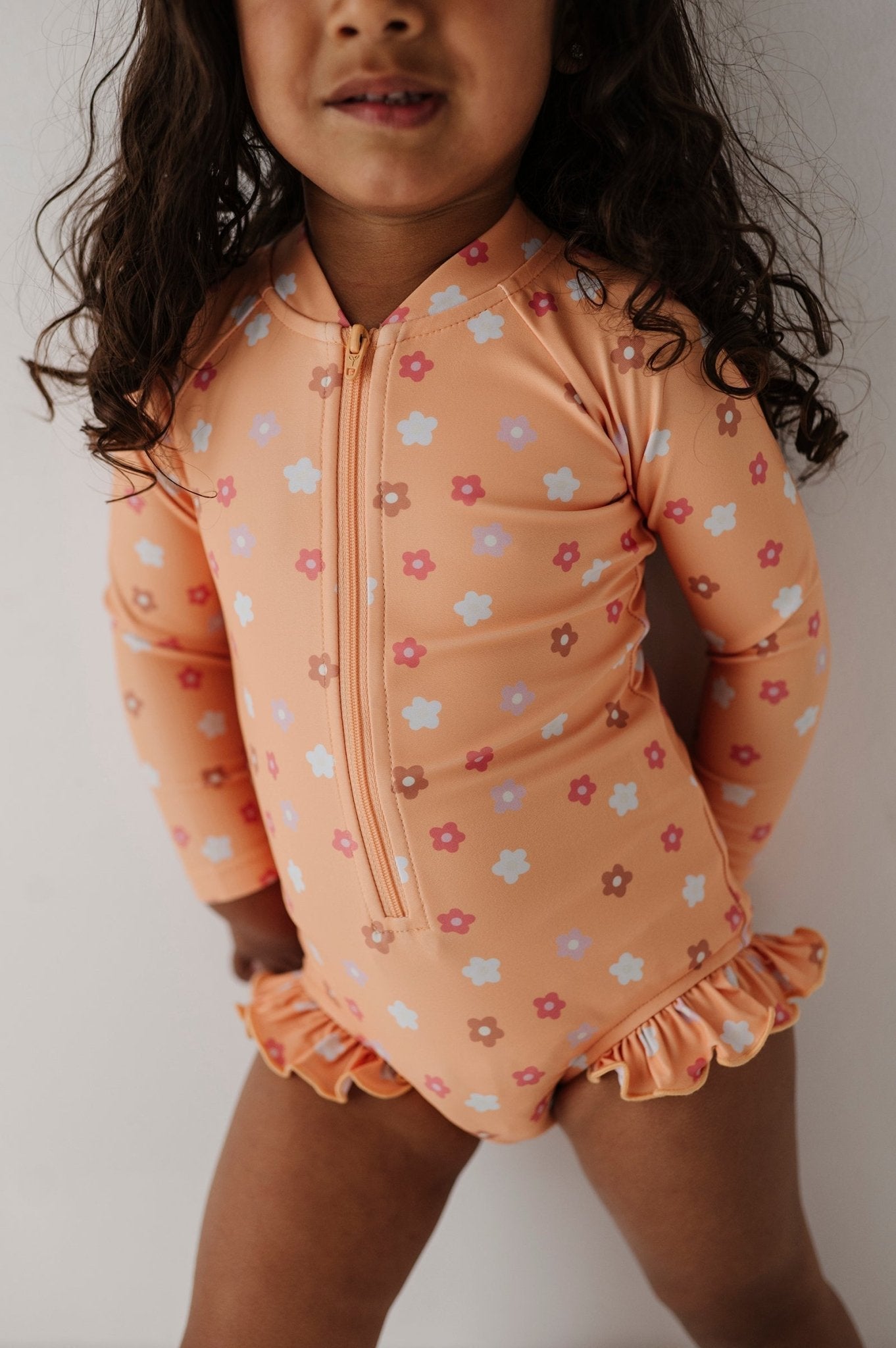 Girls One-piece Ruffle Rash Guard Swimsuit In Desert Mist Blooms