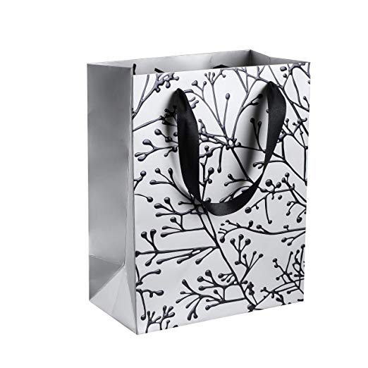 Floral Stems Design 9"x 7"x 4" Silver Foil Stamped Gift Bags 24 Pack