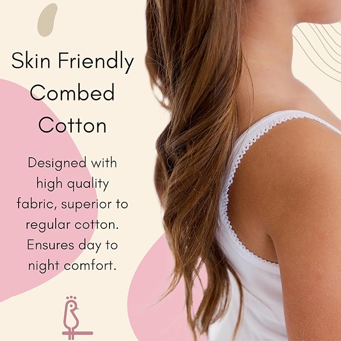 Feathers Girls Solid White Snug Fit Tagless Cami Vest - 100% Cotton Super Soft Undershirts (3/pack)