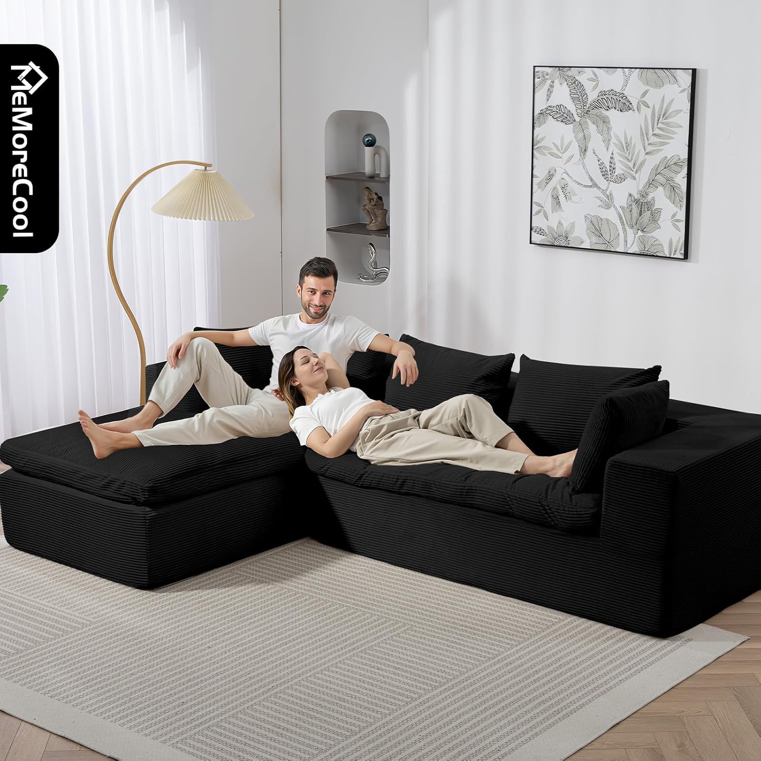 Black Corduroy Cloud Sectional Sofa, 107" L-shape