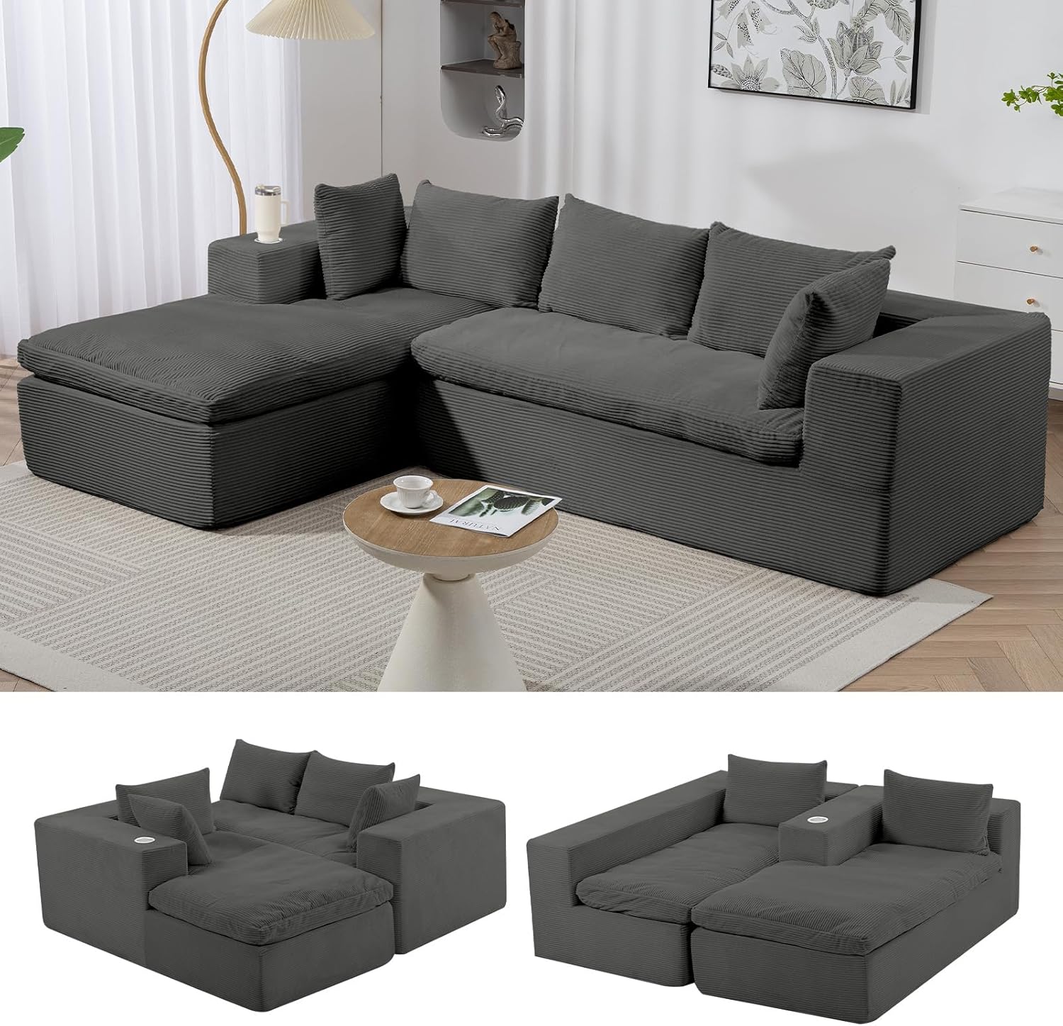 Grey Corduroy Cloud Sectional Sofa, 107" L-shape