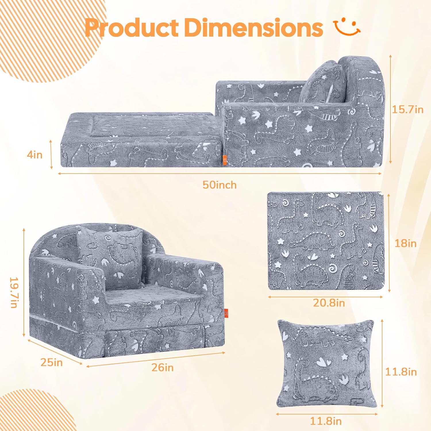 Rainbow Unicorn Glow Kids Couch, 42" Fold Out