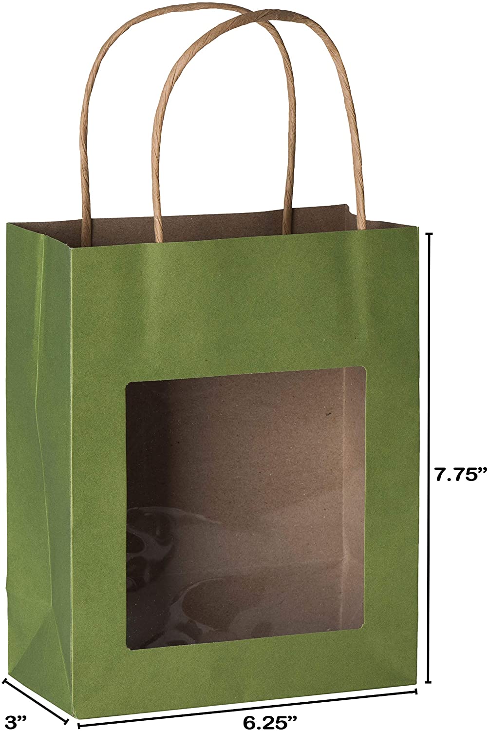 Green Kraft Paper Bag With Window 20 Pack 7.75"x 6.25"x 3"