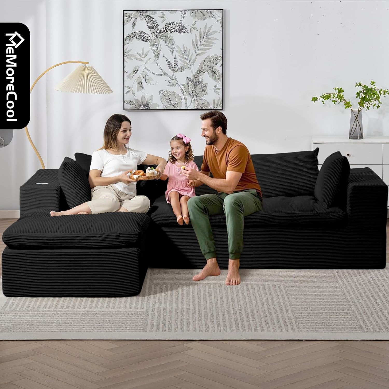 Black Corduroy Cloud Sectional Sofa, 107" L-shape