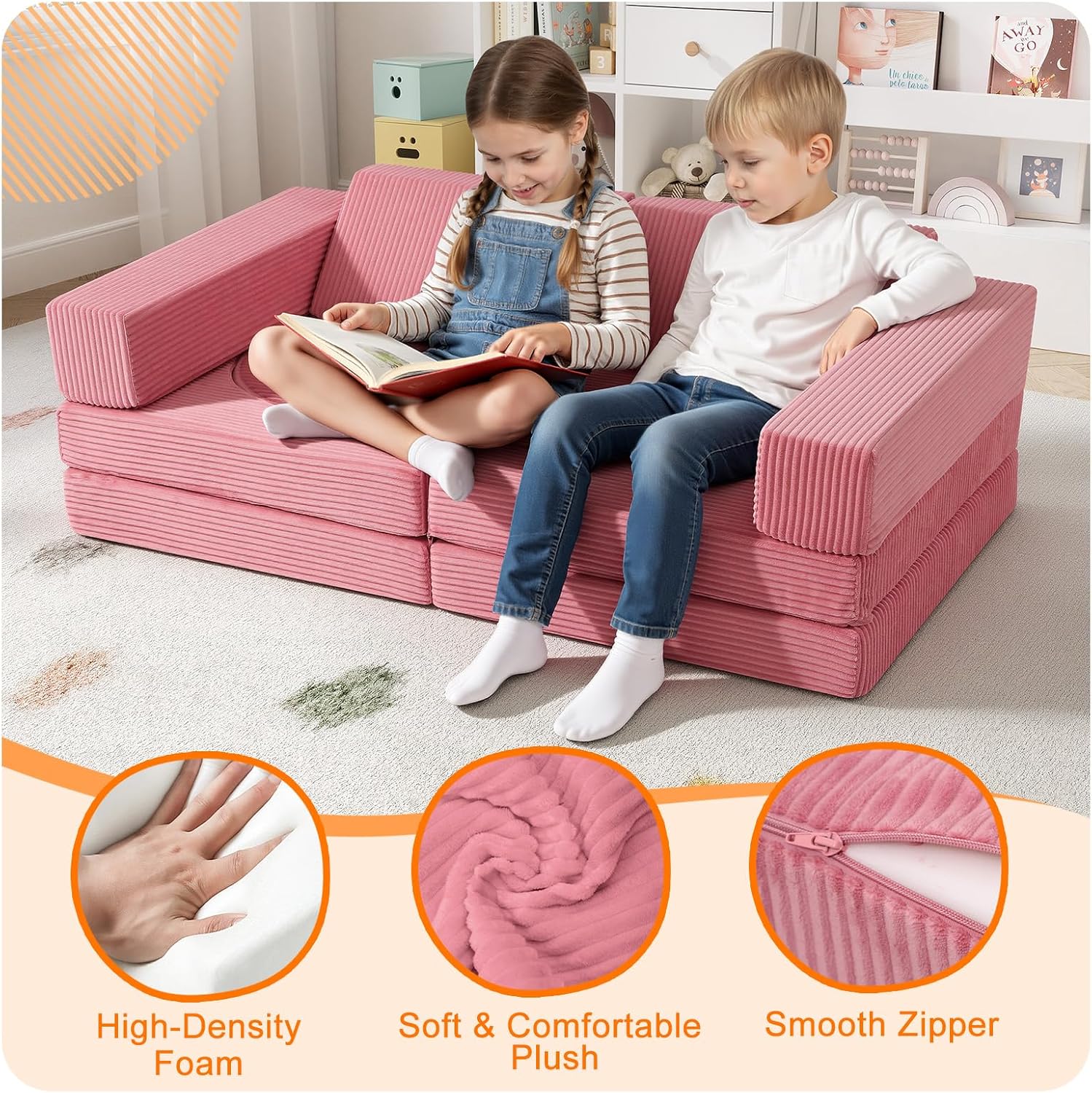 10-piece Modular Play Couch, Pink Corduroy